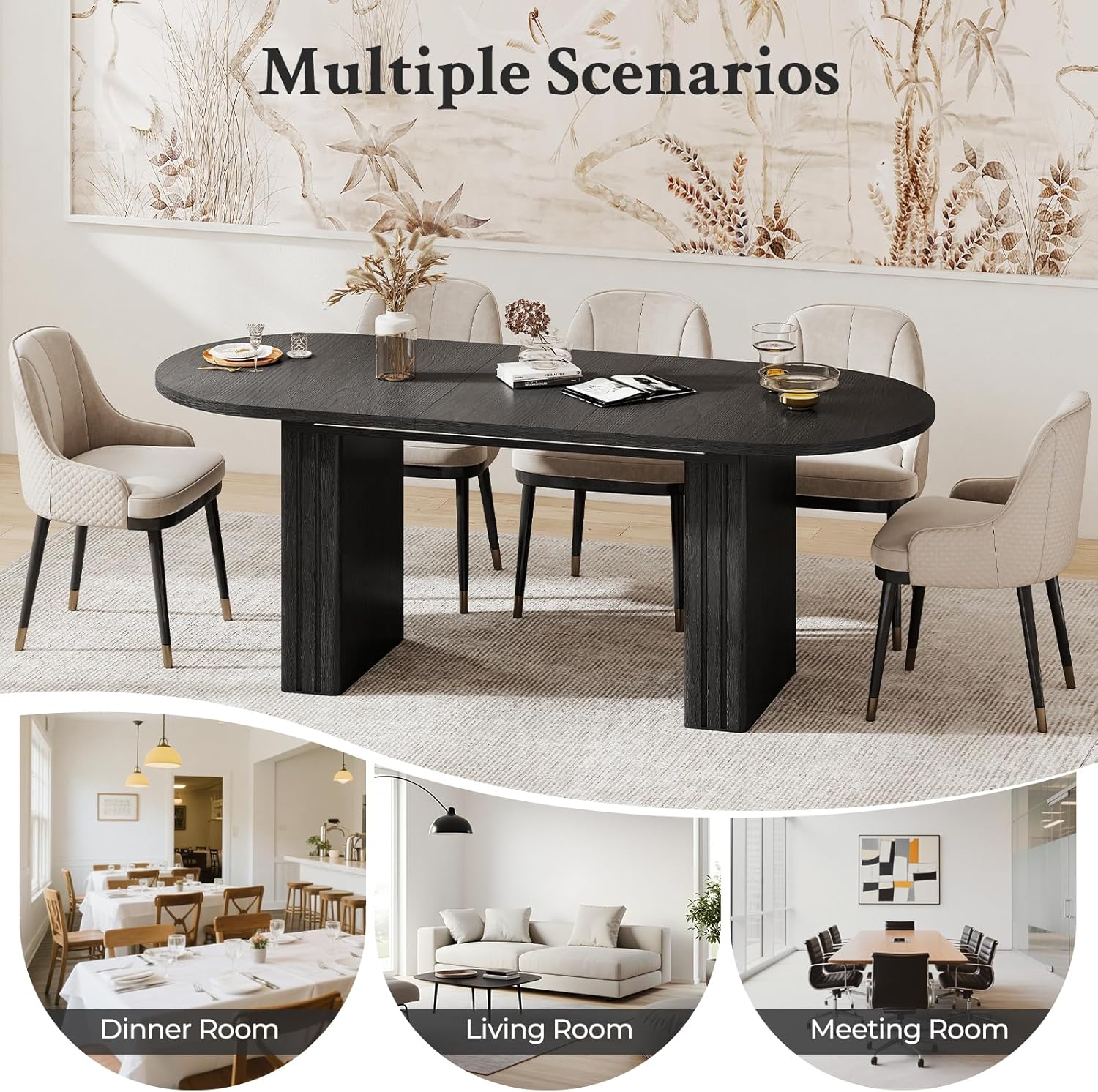 Zevemomo 62.99'-78.74' Oval Expandable Dining Table, Extendable Dining Room Table for 4-8 People with Wooden Strip Base, Modern Kitchen Table with Slide Metal Track, for Family Living Room-Black