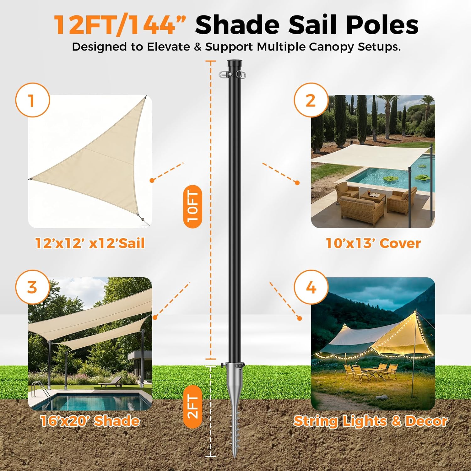 EMART 2 Pack 12ft Heavy Duty Shade Sail Poles with Spiral Anchor & D-Clamps, for Sun Shade Outdoor, String Lights, Patio, Backyard, Garden, Grassland and Terrace