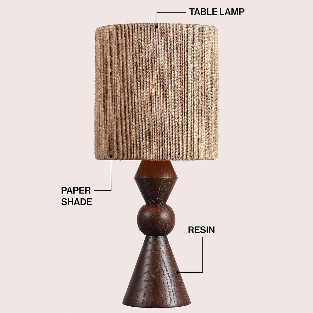 JONATHAN Y 23.5' Dark Brown Wood Finish Rustic Table Lamp for Living Room Bedroom with Brown Paper Rope Shade, Modern Farmhouse Resin Nightstand Lamp, LED Bulb Included (JYL9202B)
