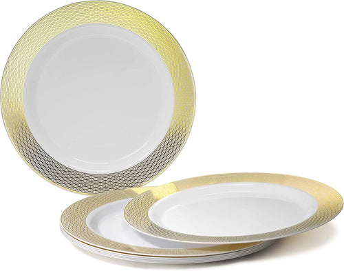 ' OCCASIONS ' 840pcs set (120 Guests)-Heavyweight Wedding Party Disposable Plastic Plate Set-120 x 10.5'' + 120 x 6.25'' + Gold Silverware + Cups + Napkins (Diamond White & Gold)