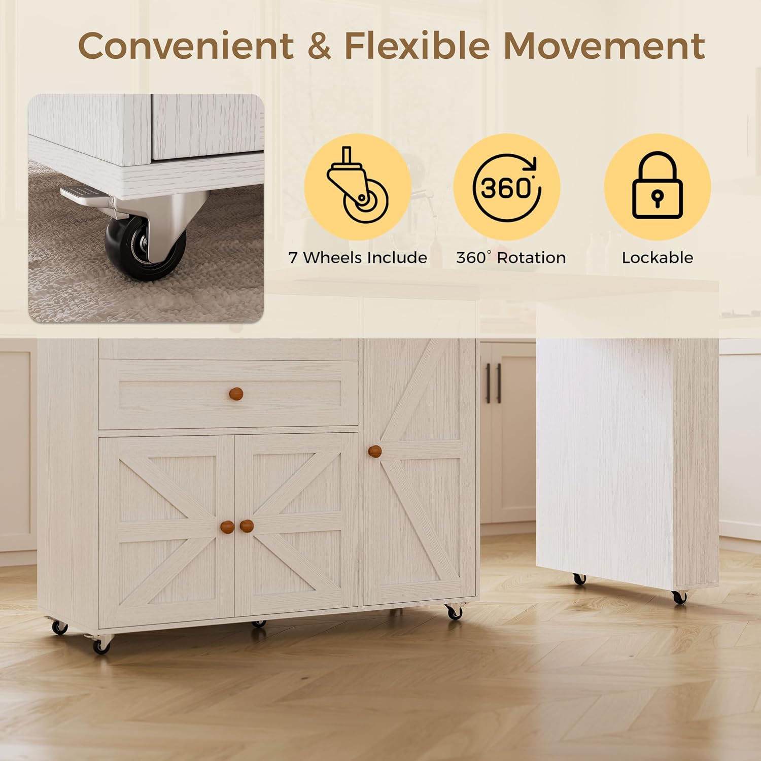 IRONCK Kitchen Island with 360° Swivel Table, 71 inch Rolling Kitchen Island Cart with Storage, Home Bar Table with Spice Rack and Drawers, Mobile Wood Kitchen Island on Wheels, White