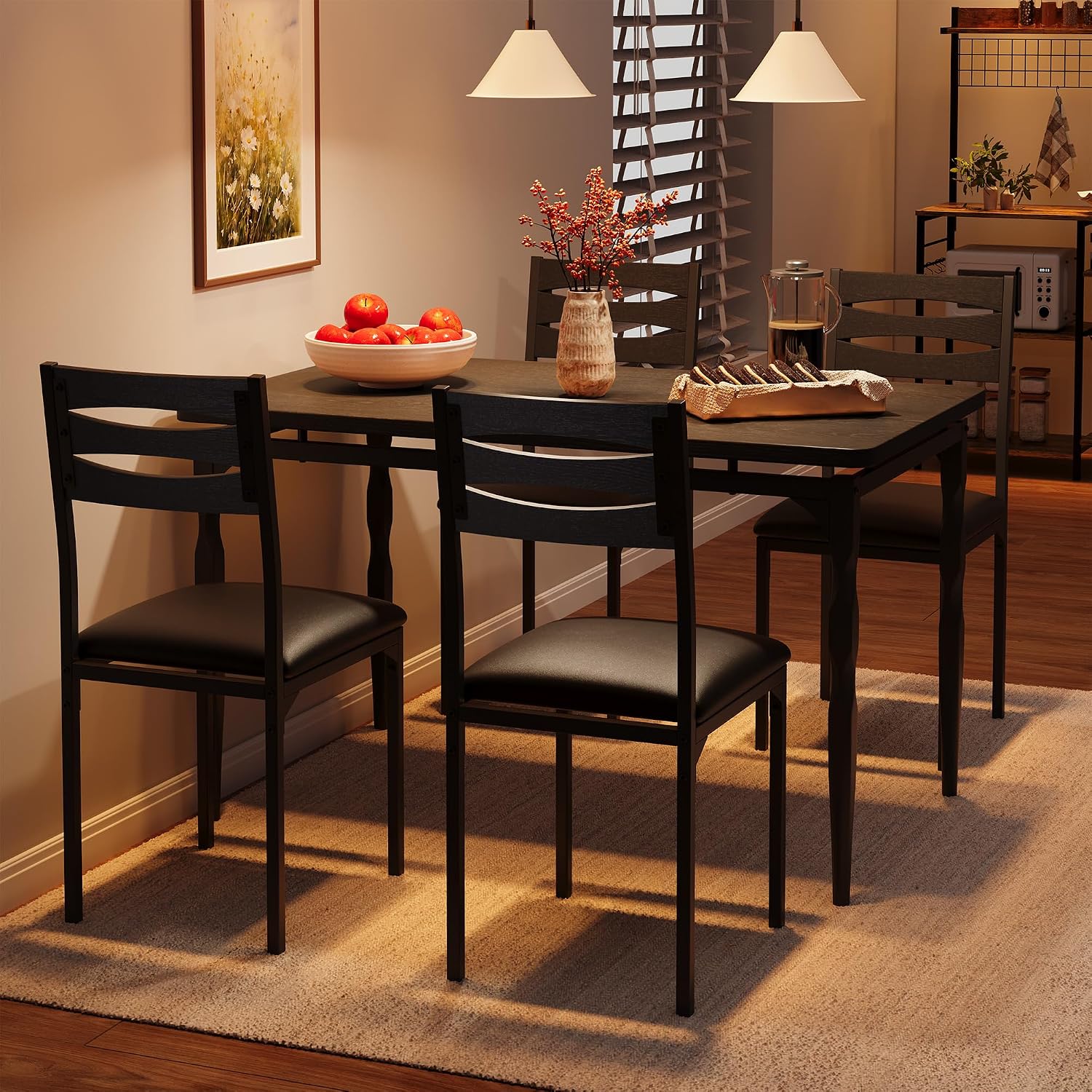 Garvee 5 Piecs Dining Table Set, Farmhouse Style Dining Table and Chairs Set for 4, Dining Set for Dining Room Kitchen Apartment, Black