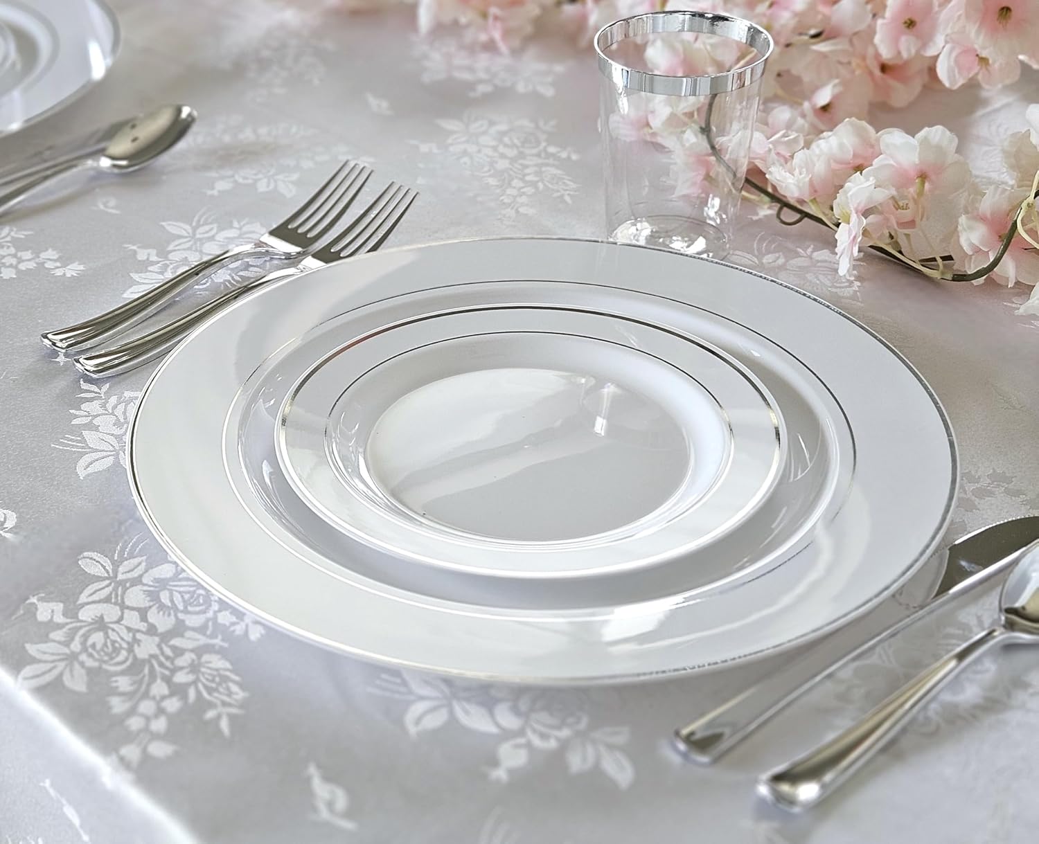 ' OCCASIONS ' 1080 pcs/120 Guest-Full Tableware SetWedding Disposable Plastic Plates Silverware, Silver Rim Tumblers & Linen Feel Napkins/Metal Napkin Rings(Combo D, White & Silver Rim)