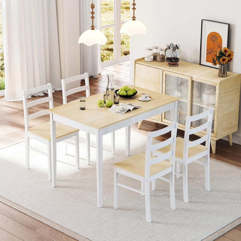 NAFORT Kitchen Table Set for 4, Solid Wood Dining Table and Chairs Set of 4, Farmhouse Dinner Table Set w/Rubber Wood Legs, Mid-Century Modern Dinette Set for Kitchen, Dining Room