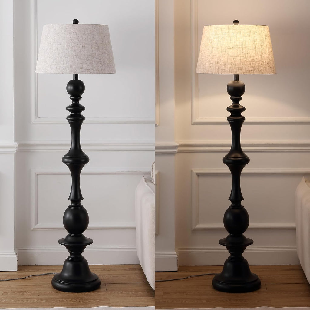 JONATHAN Y 67' Black Resin Candlestick Floor Lamp Farmhouse Rustic Traditional Standing Lamp for Living Room with Beige Linen Empire Shade LED Bulb Included JYL3000B