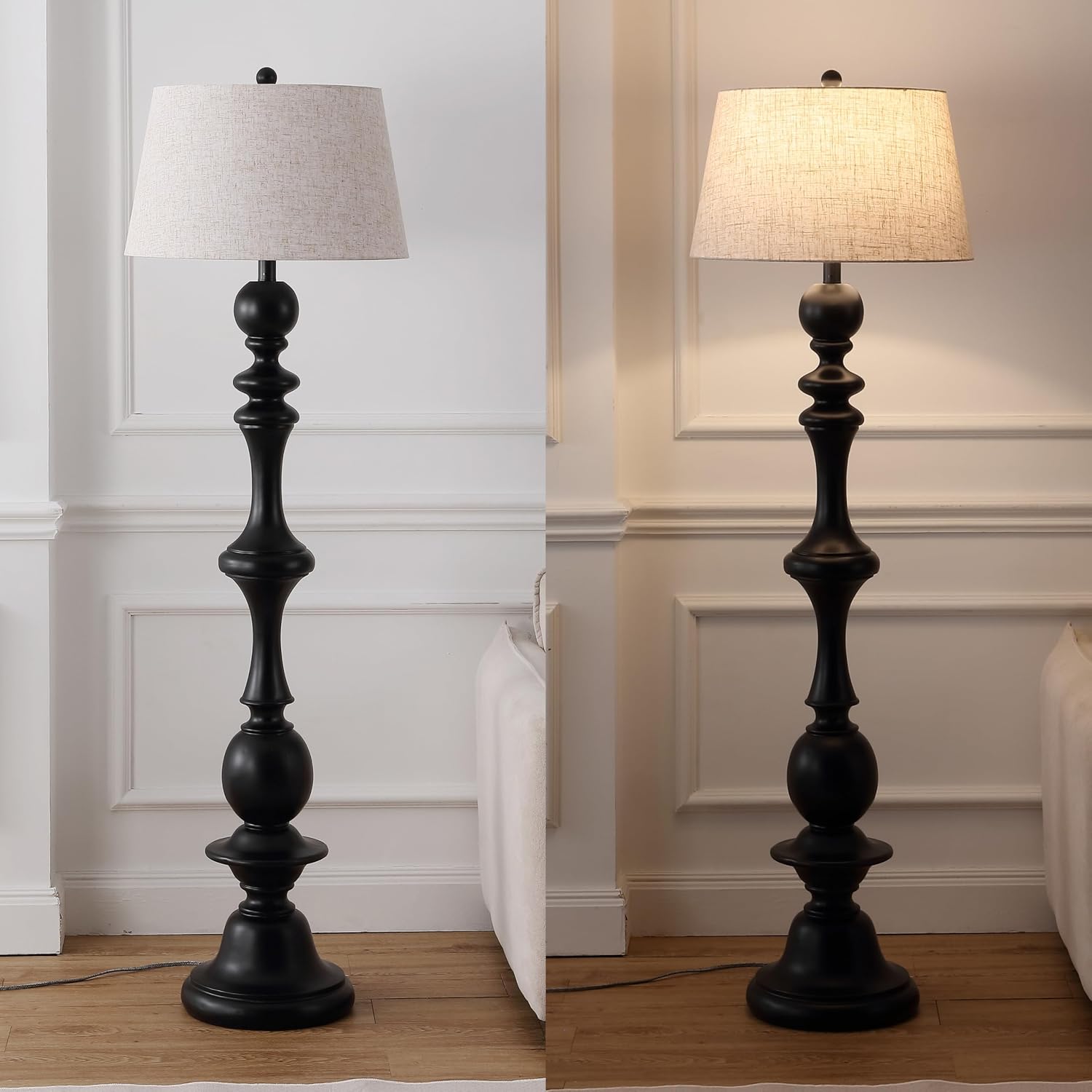 JONATHAN Y 67' Black Resin Candlestick Floor Lamp Farmhouse Rustic Traditional Standing Lamp for Living Room with Beige Linen Empire Shade LED Bulb Included JYL3000B
