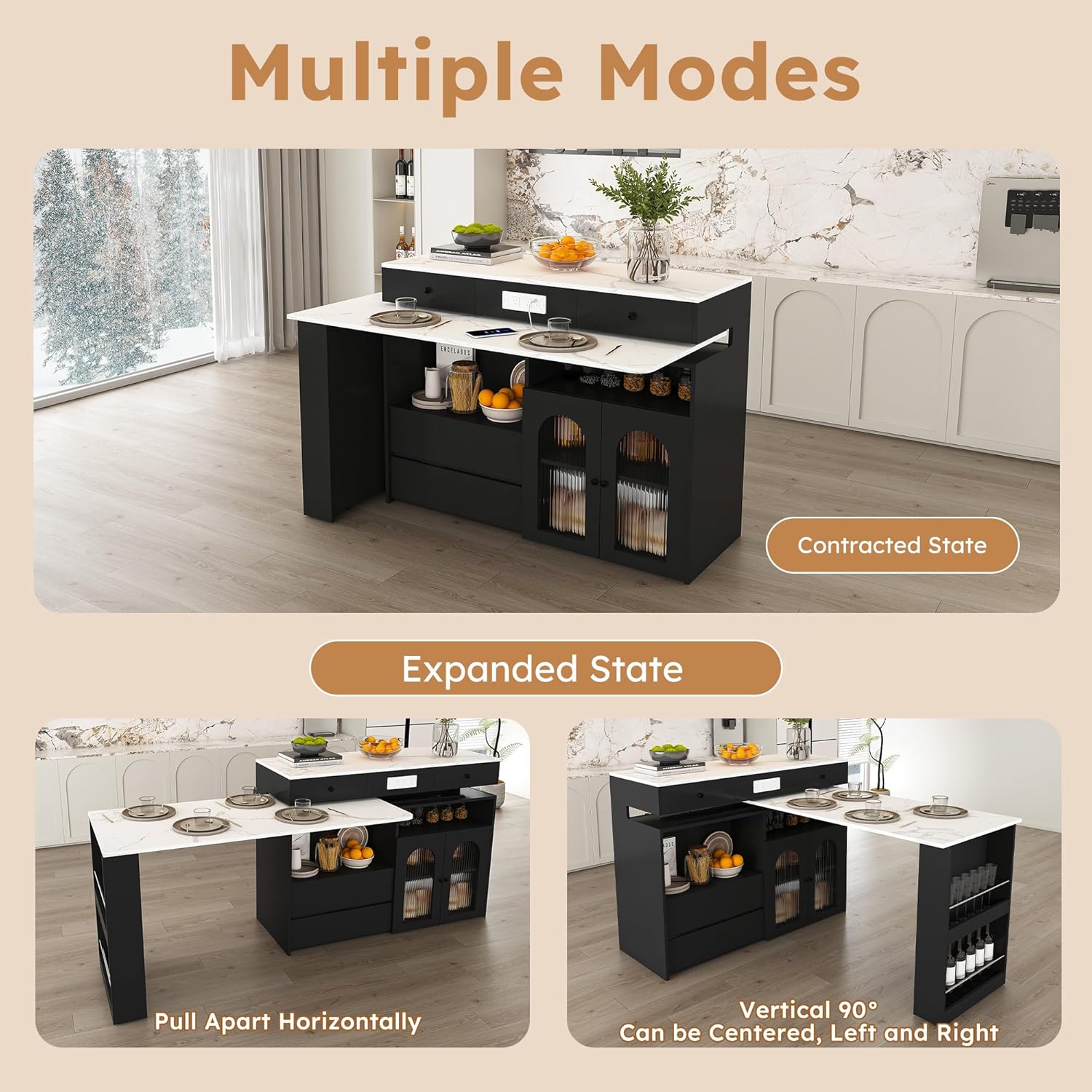 KEIKI Kitchen Island with Extendable & Rotating Table, Expandable Dining Station for 2-4, Kitchen Storage Islands with 4 Drawers & Glass Door Cabinets & Built-in Socket for Dining Room, Black