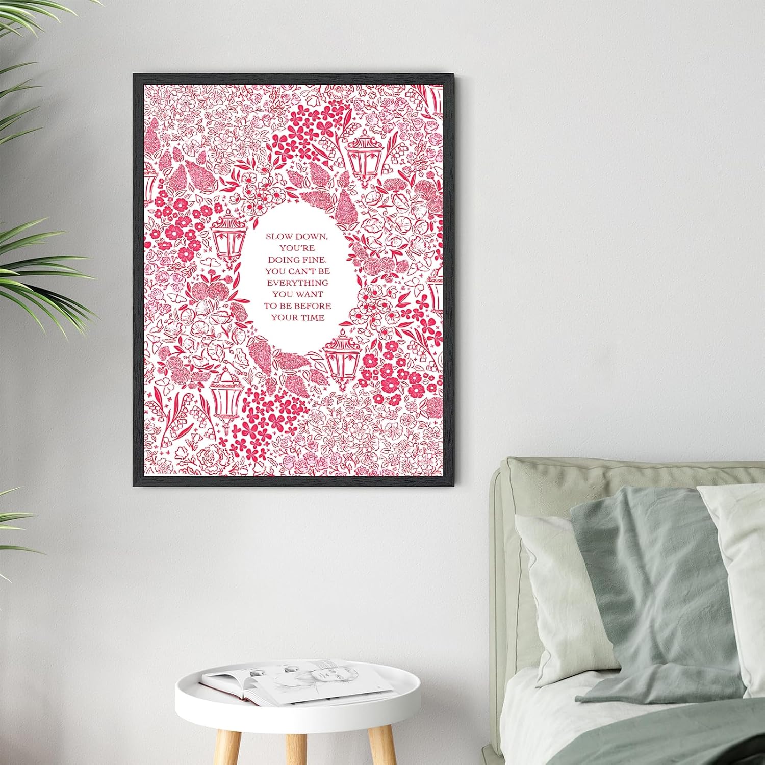 Black Framed Slow Down You're Doing Fine Music Posters Pink Motivational Quote Wall Art Vintage Floral Positive Daily Reminder Song Lyrics Canvas Print Aesthetic Bedroom Home Decor 24x36inch