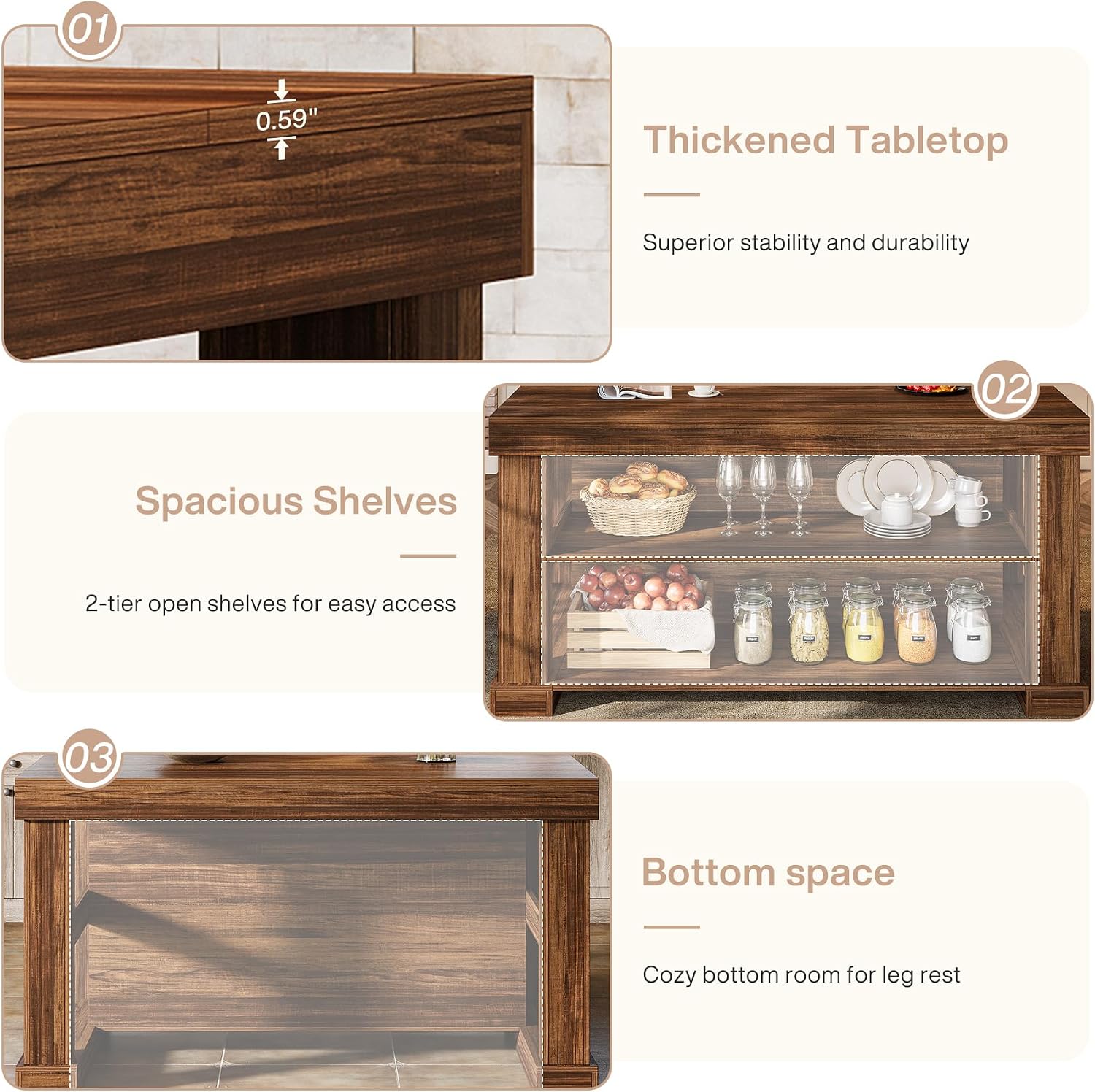 Tribesigns 55' Kitchen Island with Seating and Storage, 3-Tier Farmhouse Wood Stationary Island Table with Large Worktop & Leg Room, Coffee Bar Table with Storage Shelves for Kitchen, Dark Brown
