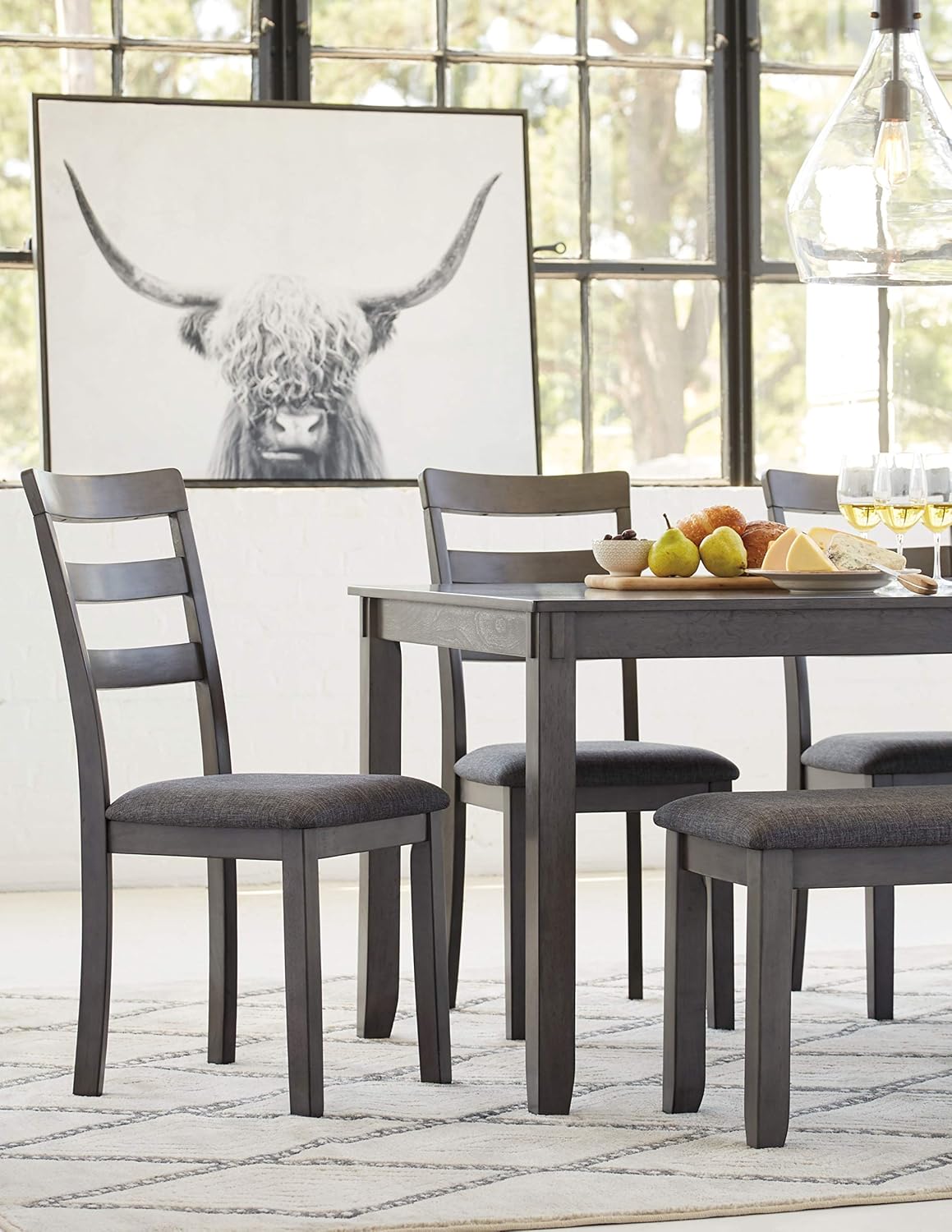 Signature Design by Ashley Bridson Dining Table Set For 6 With Bench, Wood 6‑Piece Kitchen Table And Chairs With Upholstered Seats, Transitional Charcoal Gray Dining Room Collection For Family Meals