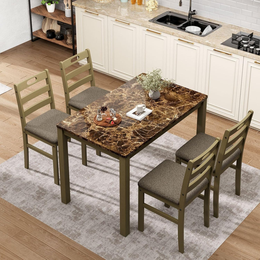 Sophia & William 5 Piece Dining Table Set for 4, Faux Marble Kitchen Table and Chairs Set, Solid Wood Farmhouse Dinner Table Set,Emperador Dark Marble & Olive