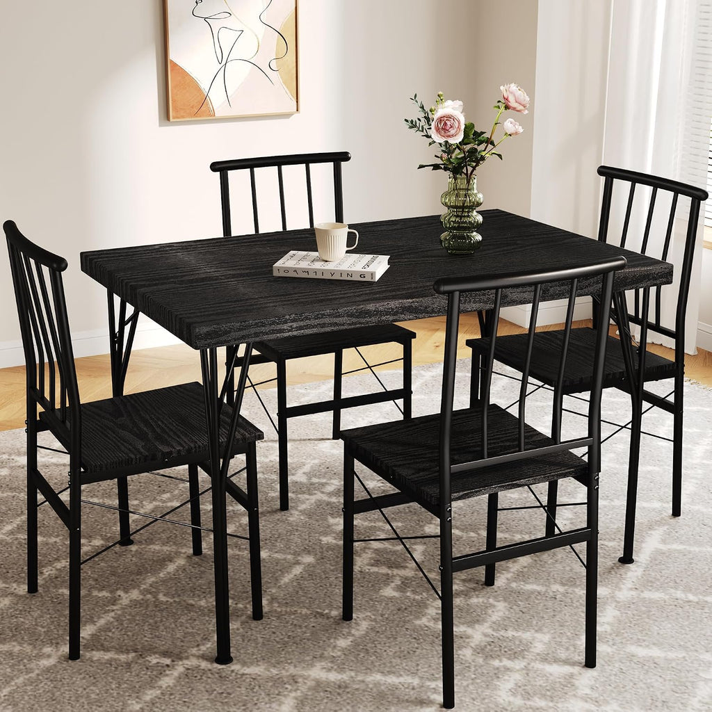 Dining Table Set for 4 with 1.6' Thick Tabletop, 5-Piece Kitchen Table Set, Space-Saving Rectangular Dining Room Kitchen Table Chair Set for Small Space,Dinette,Apartment,Rustic Black