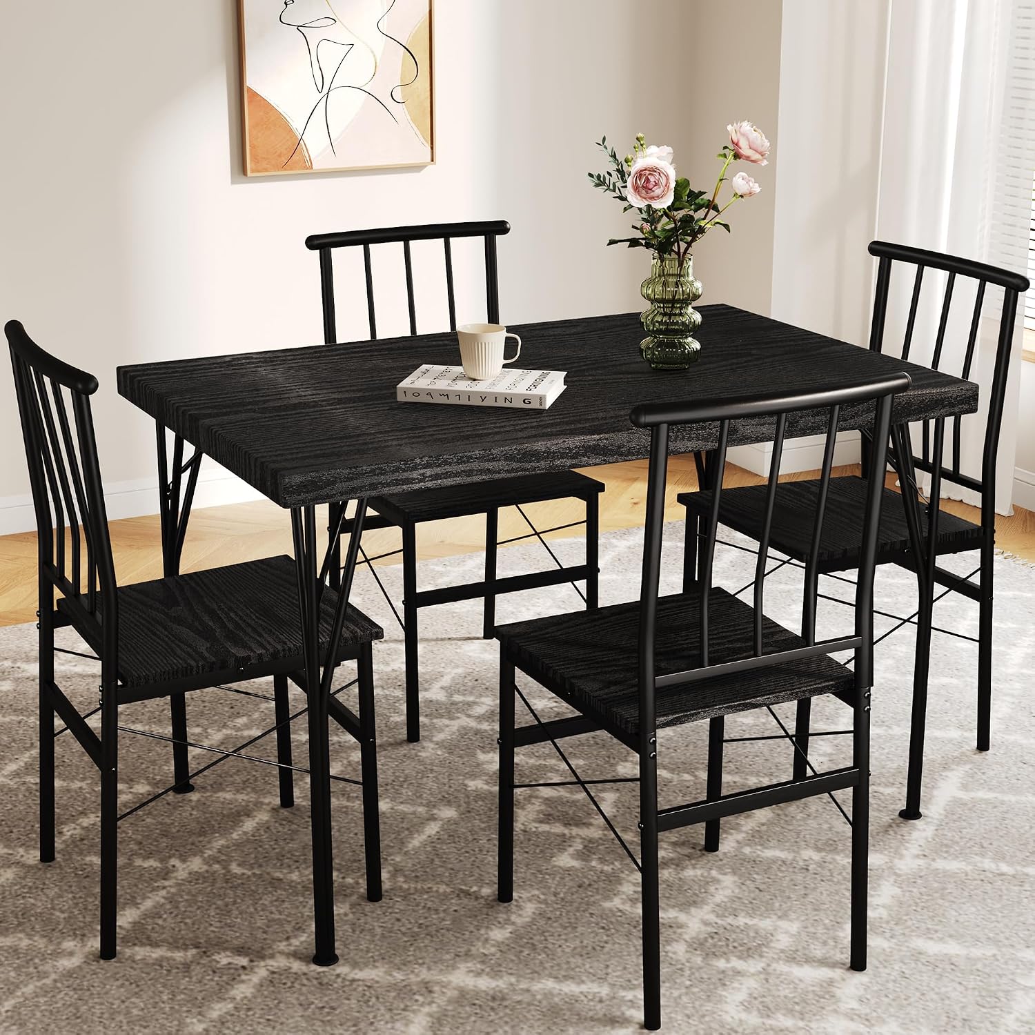 Dining Table Set for 4 with 1.6' Thick Tabletop, 5-Piece Kitchen Table Set, Space-Saving Rectangular Dining Room Kitchen Table Chair Set for Small Space,Dinette,Apartment,Rustic Black
