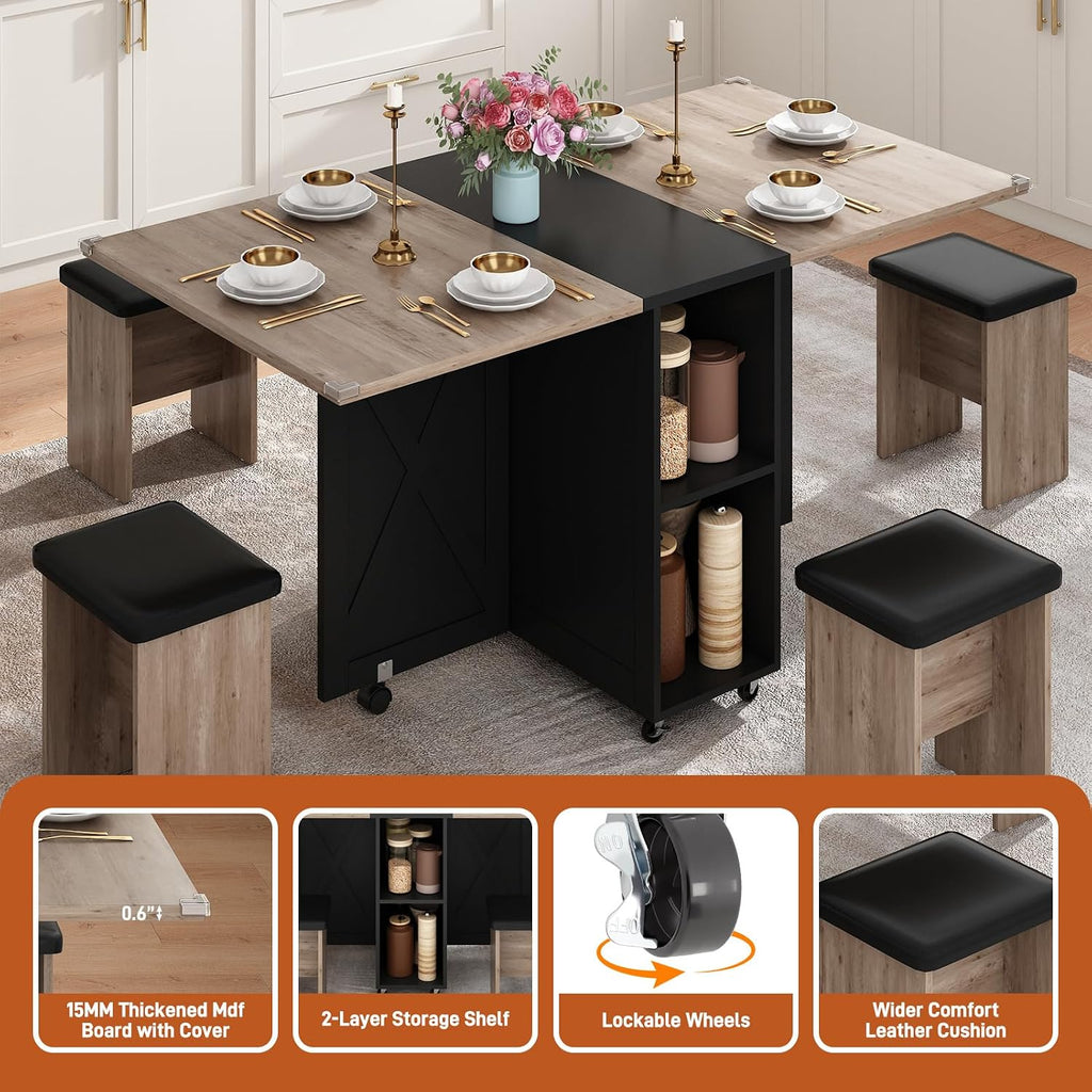 5 PCS Farmhouse Dining Table Set for 4,60' Large Folding Dining Table Set w/ 4 Leather Chairs, Drop Leaf Foldable Kitchen Table for Small Spaces,Barn Door Design,6 Wheels,2-Layer Storage Shelf,Black