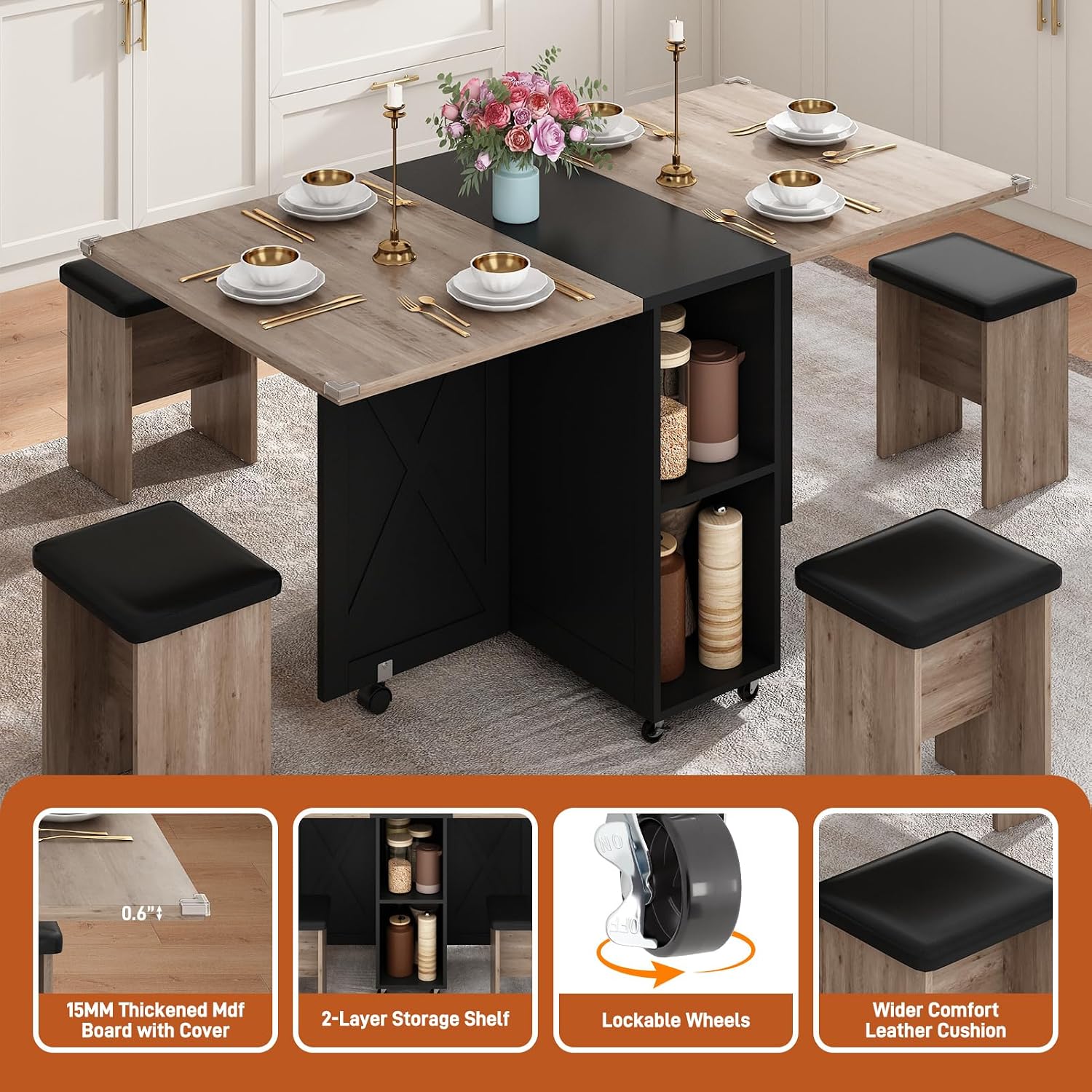 5 PCS Farmhouse Dining Table Set for 4,60' Large Folding Dining Table Set w/ 4 Leather Chairs, Drop Leaf Foldable Kitchen Table for Small Spaces,Barn Door Design,6 Wheels,2-Layer Storage Shelf,Black