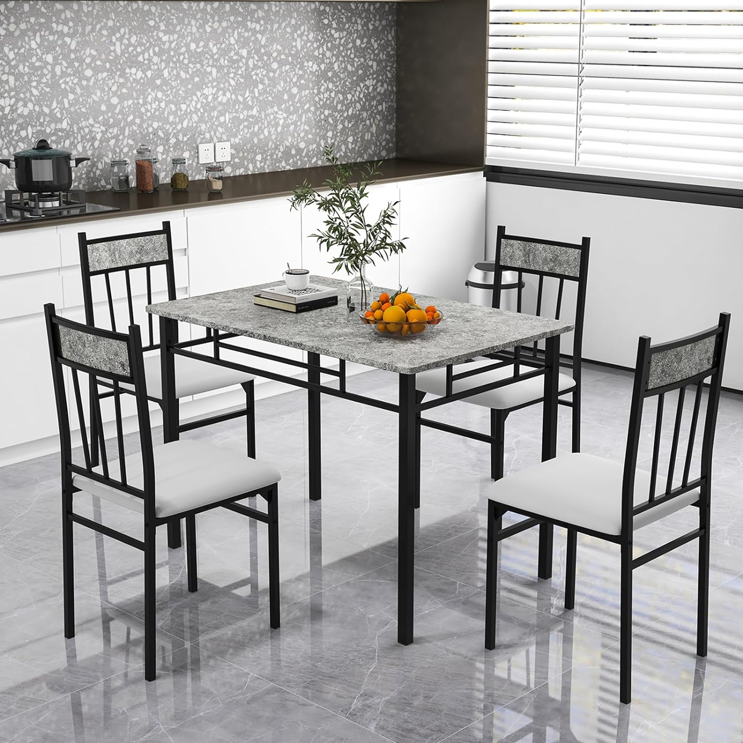 Tangkula Dining Table Set for 4, Kitchen Table and Chairs Set with Metal Frame & Padded Seat, Dining Table and Chairs Set of 4 for Dining Room, Space Saving
