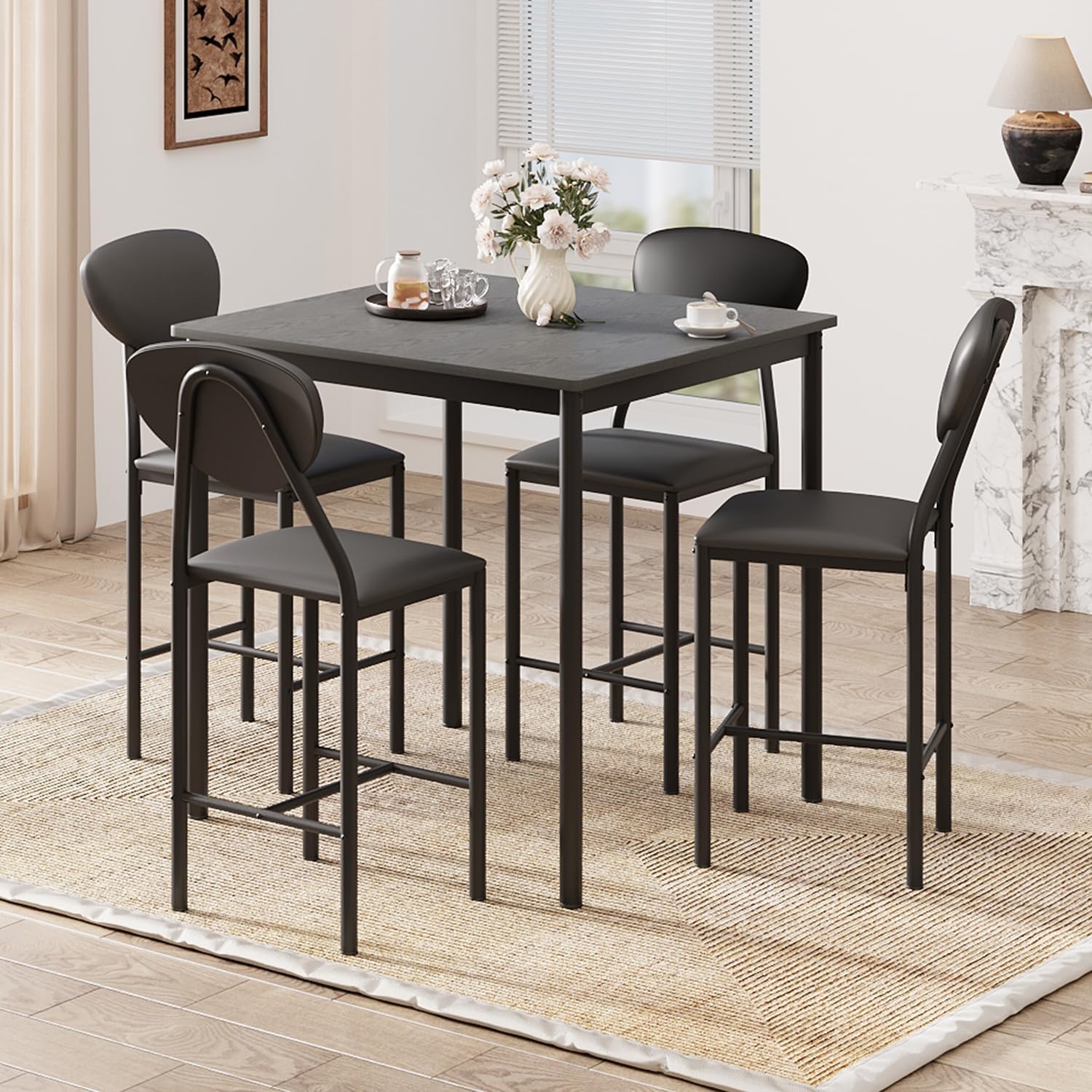EROMMY Dining Table Set for 4, Modern Kitchen Table and Chairs with PU Leather Upholstery, Wood Dining Table with Chairs for Small Space, Dining Room, Gray