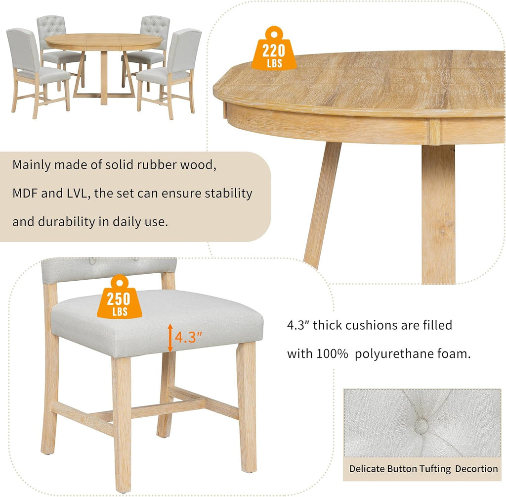 Bellemave 5-Piece Dining Table Set, Extendable Round Dining Table with 16' Removable Leaf, 4 Upholstered Button Tufted Chairs, Acacia Veneer Tabletop (Natural)