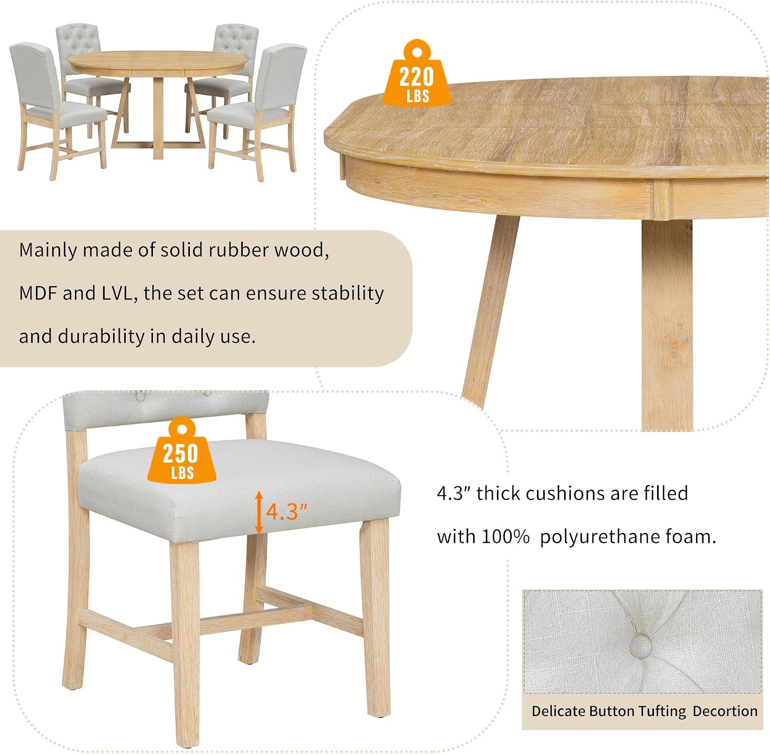 Bellemave 5-Piece Dining Table Set, Extendable Round Dining Table with 16' Removable Leaf, 4 Upholstered Button Tufted Chairs, Acacia Veneer Tabletop (Natural)