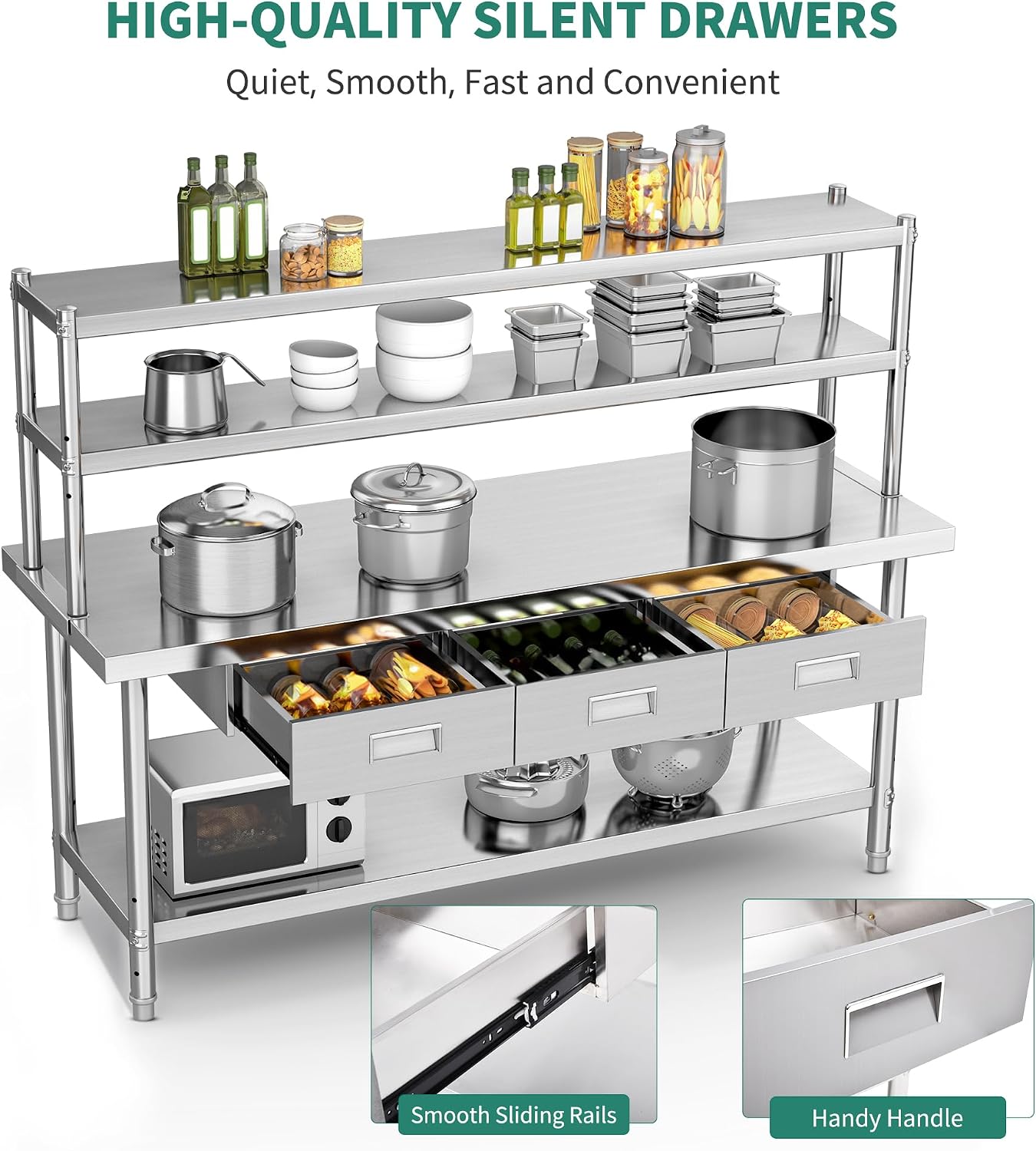 YITAHOME NSF Stainless Steel Table with Overshelves & Drawers, 72' X 24' Worktable with 72' X 12' Shelf & 3 Drawers, Metal Prep Workstation