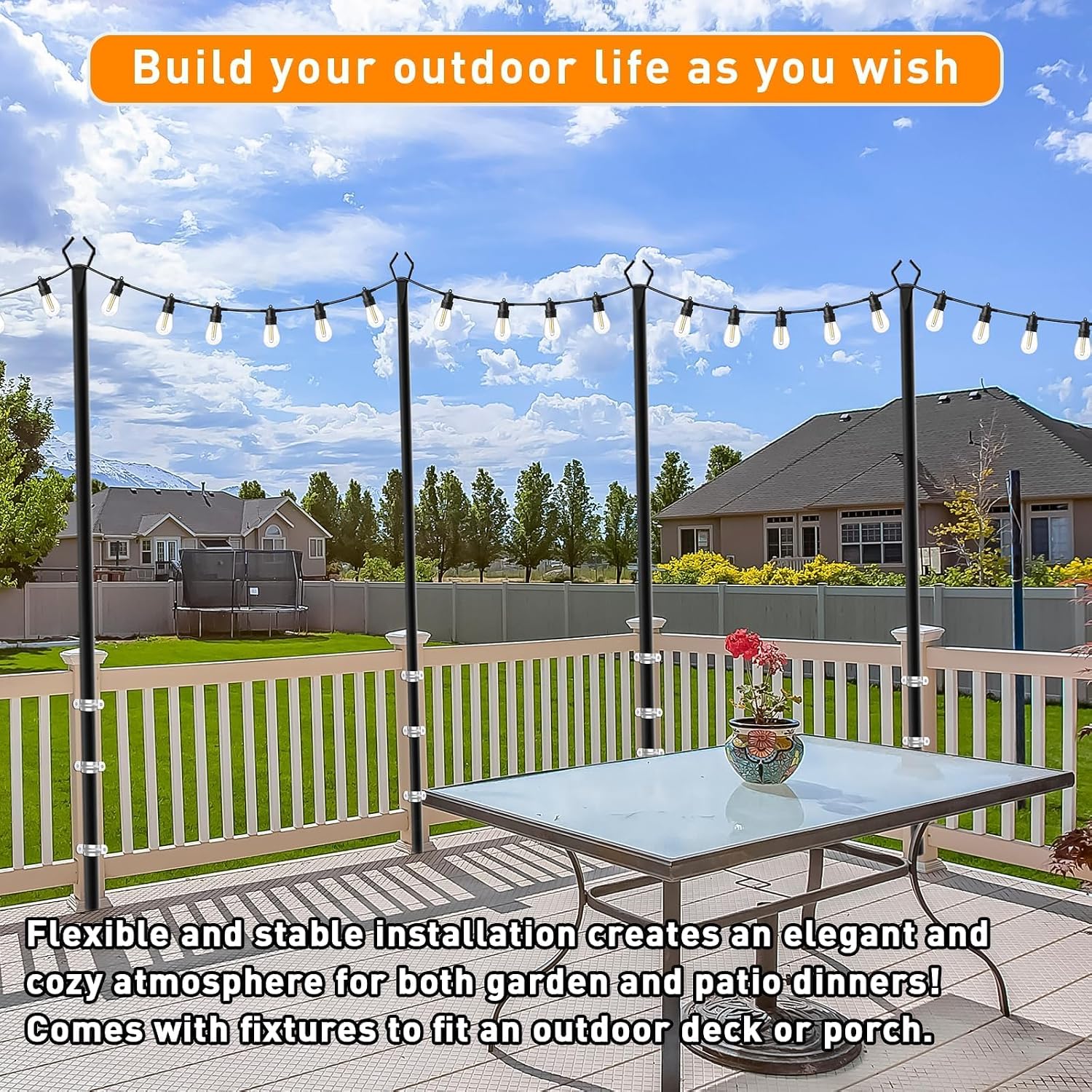 10 Pack 10 FT String Light Poles,Metal with Fork Lights Poles for Outdoor String Light, Rustproof Heavy Duty for Outside Garden,Patio,Wedding,Backyard,Deck,Party
