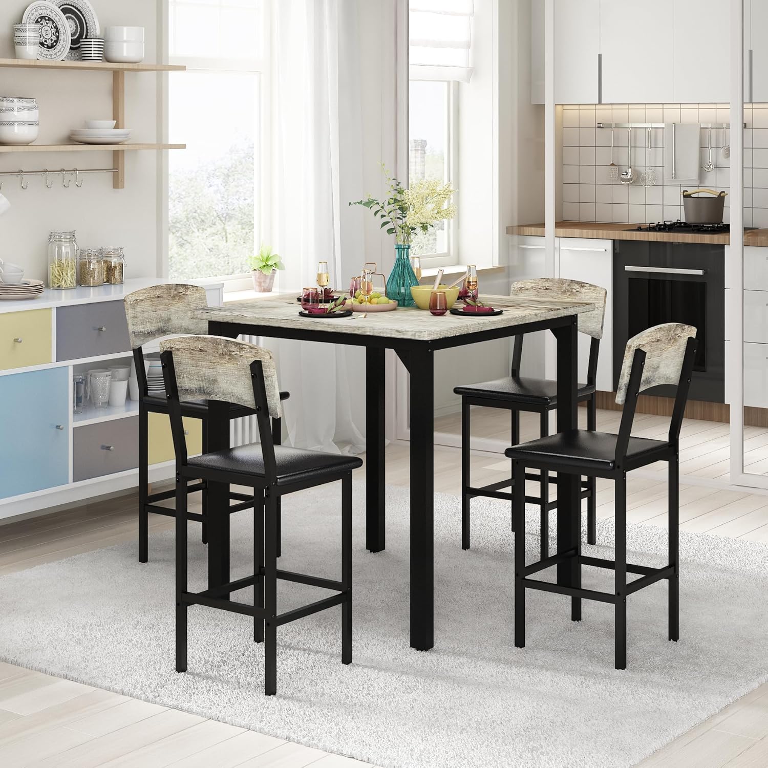 AWQM 5-Piece Dining Table Set, Dining Table Set for 4, Counter Height Table & 4 Bar Stools, Modern Kitchen Dining Set, with Upholstered Chairs, Compact Dining Set for Small Spaces, Gray