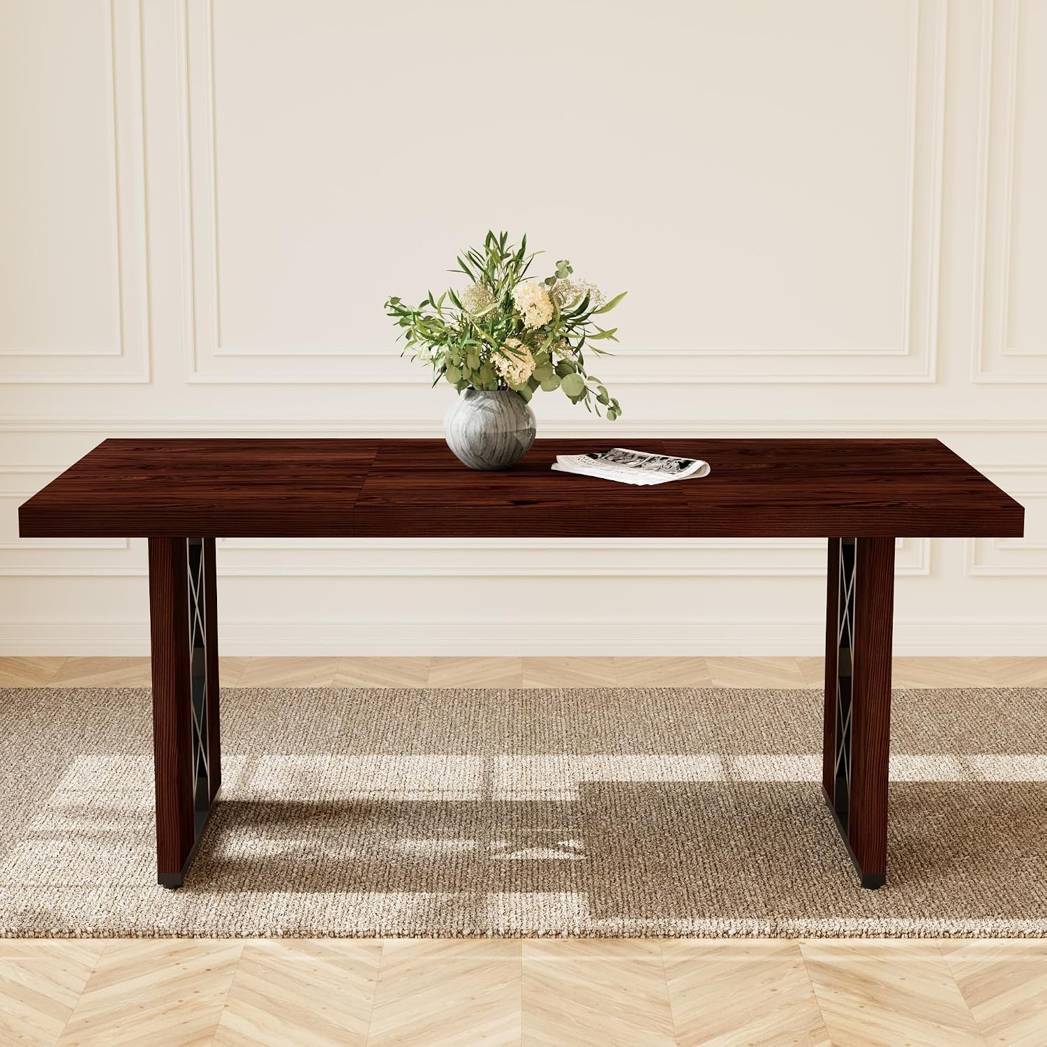 HIPIHOM 70.8' Farmhouse Dining Table for 6 People, Large Rectangle Kitchen Table with Heavy Duty Legs, Industrial Dining Room Furniture for Dinner, Walnut