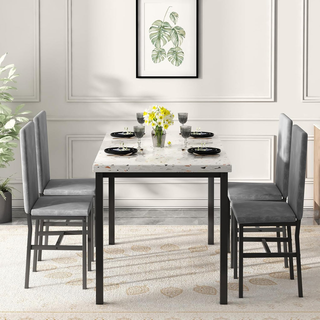 Hooseng 5 Piece Dining Table Set for 4, Small Faux Marble Kitchen Table with 4 Velvet Chairs, Modern Dining Room Table Set for Small Space, Breakfast Nook, Dinette