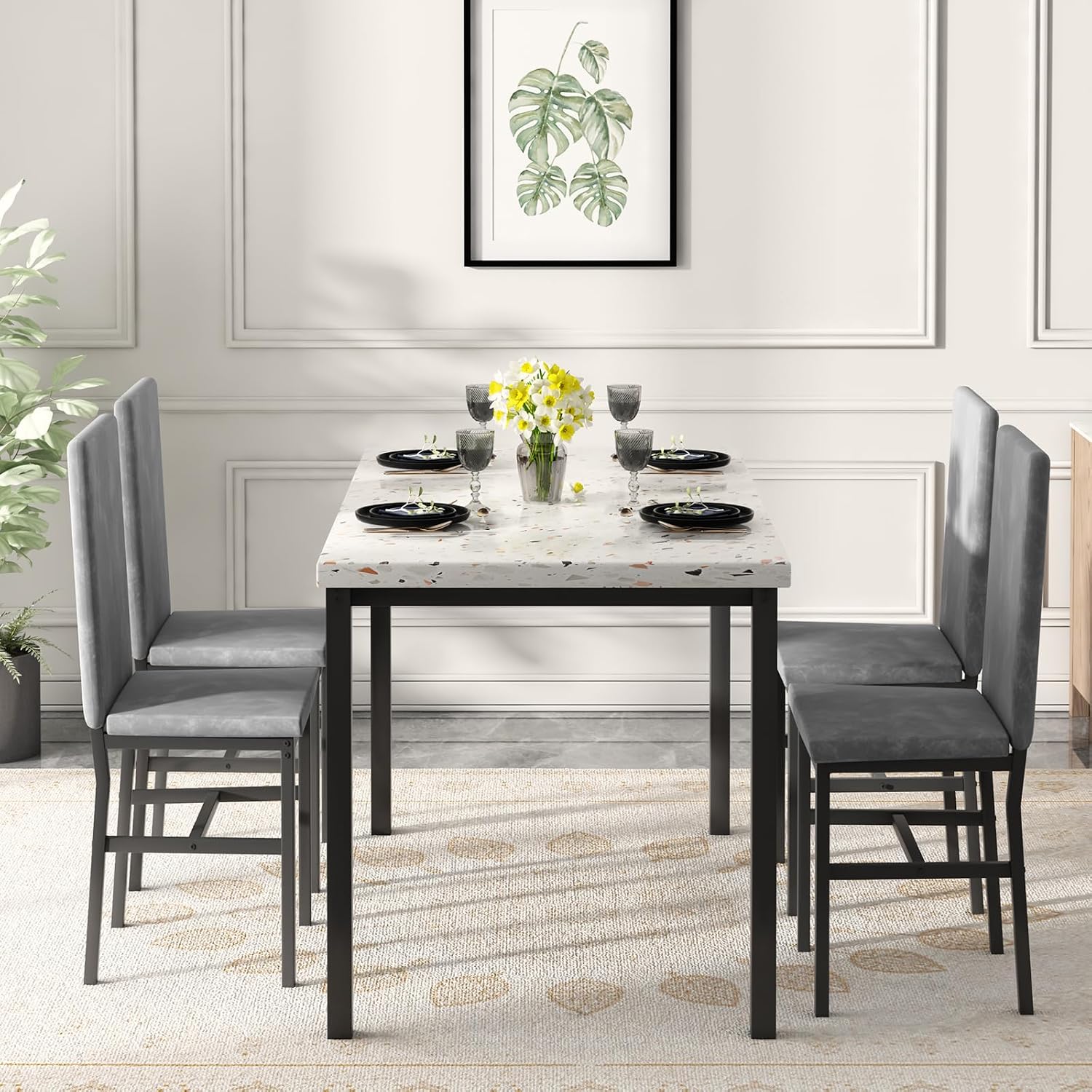 Hooseng 5 Piece Dining Table Set for 4, Small Faux Marble Kitchen Table with 4 Velvet Chairs, Modern Dining Room Table Set for Small Space, Breakfast Nook, Dinette