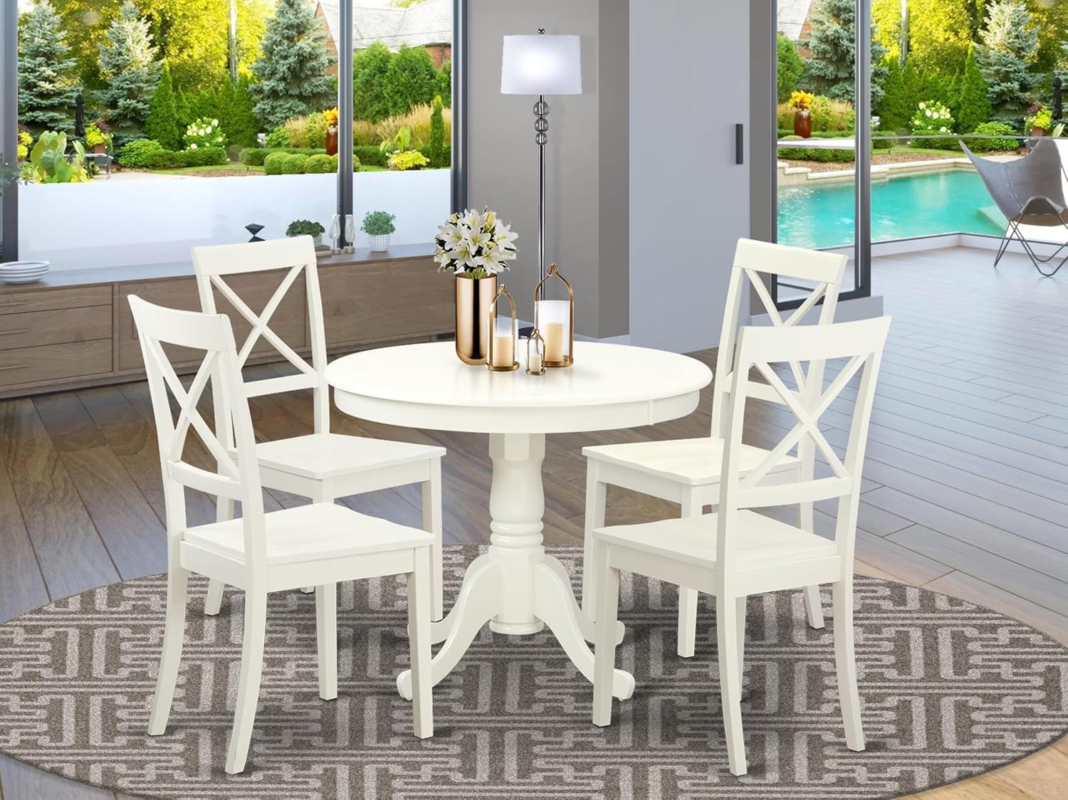 East West Furniture ANBO5-LWH-W 5 Piece Dinette Set for 4 Includes a Round Kitchen Table with Pedestal and 4 Dining Chairs, 36x36 Inch, Linen White