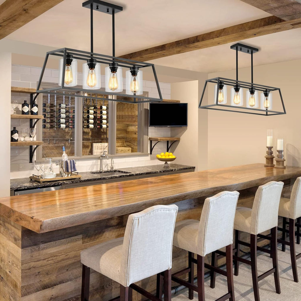Black Farmhouse Chandeliers for Dining Room, Rustic Kitchen Island Light Fixture, 4-Lighting Linear Pendant Lamp Kitchen Island with Glass Shade ，Apply to Dining Room Light fixtures Over Table