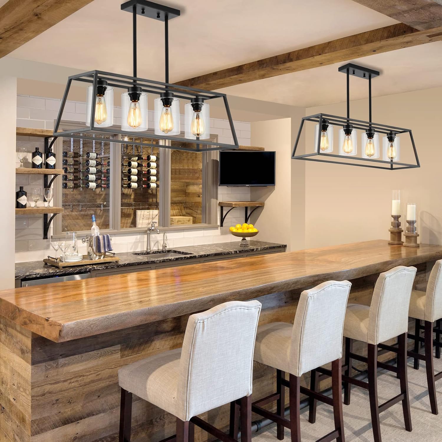 Black Farmhouse Chandeliers for Dining Room, Rustic Kitchen Island Light Fixture, 4-Lighting Linear Pendant Lamp Kitchen Island with Glass Shade ，Apply to Dining Room Light fixtures Over Table