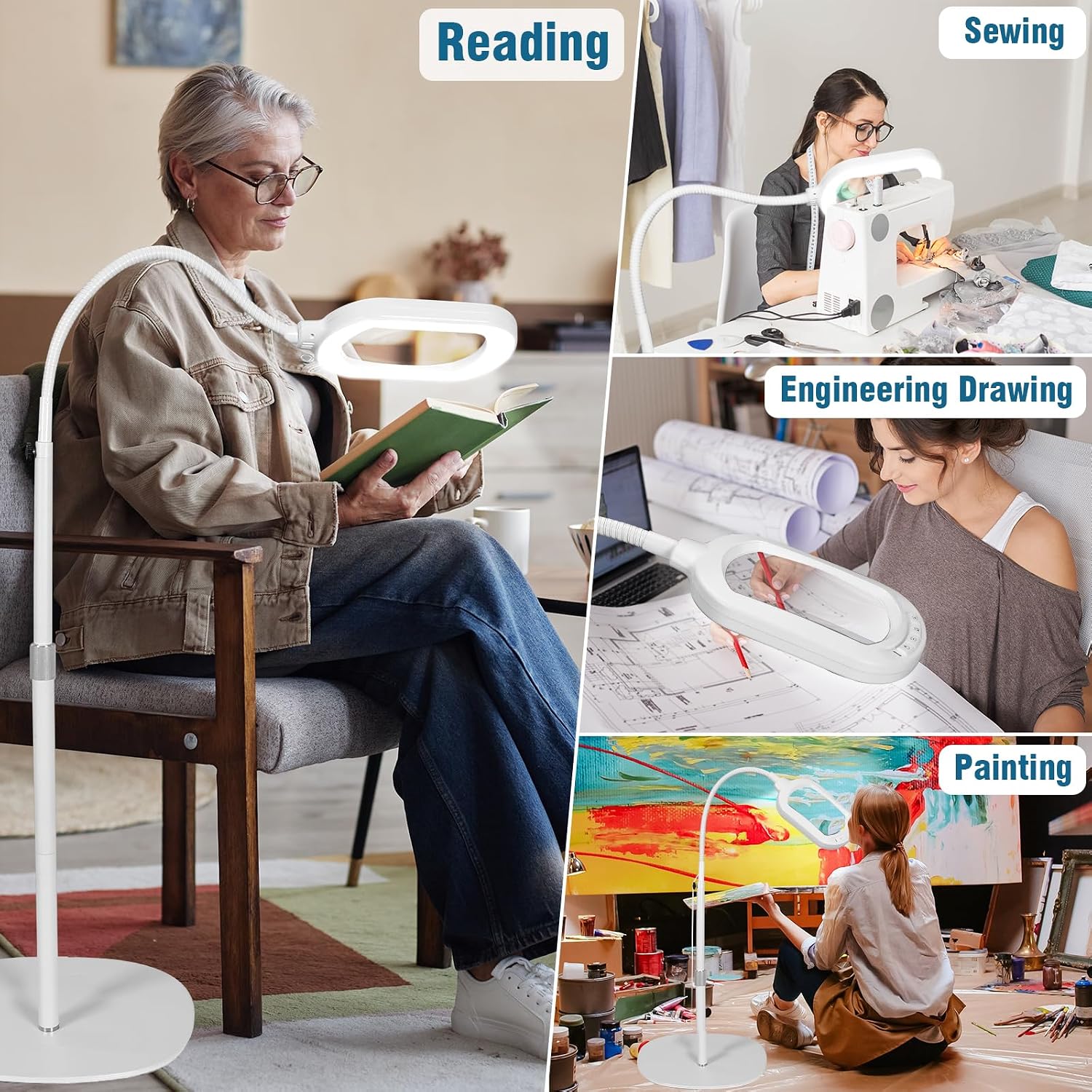 Large Magnifying Glass with Light and Stand, 10X Rectangle Optical Real Glass Lens, Height Adjustable Gooseneck Magnifier Floor Lamp, 5 Color Modes LED Dimmable Lighted Hands Free for Crafts - White