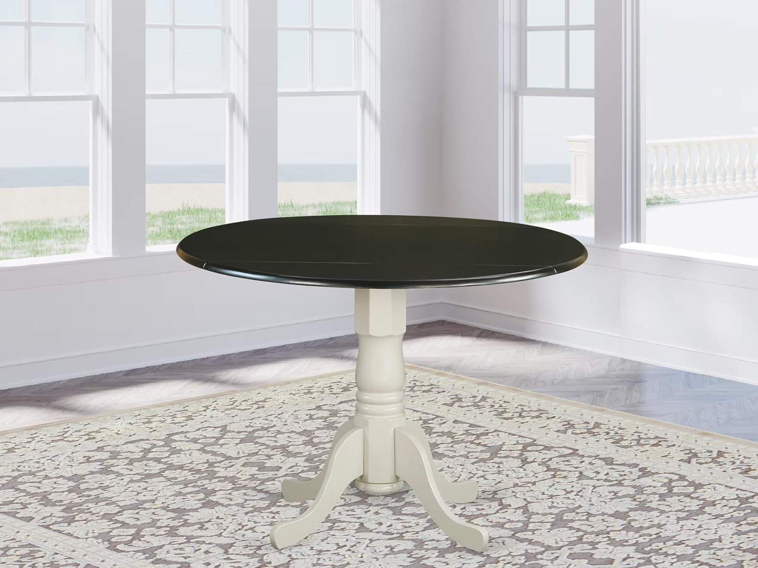 East West Furniture DLT-BLW-TP Dublin Dining Room Table - a Round Solid Wood Table Top with Dropleaf & Pedestal Base, 42x42 Inch, Black & Linen White