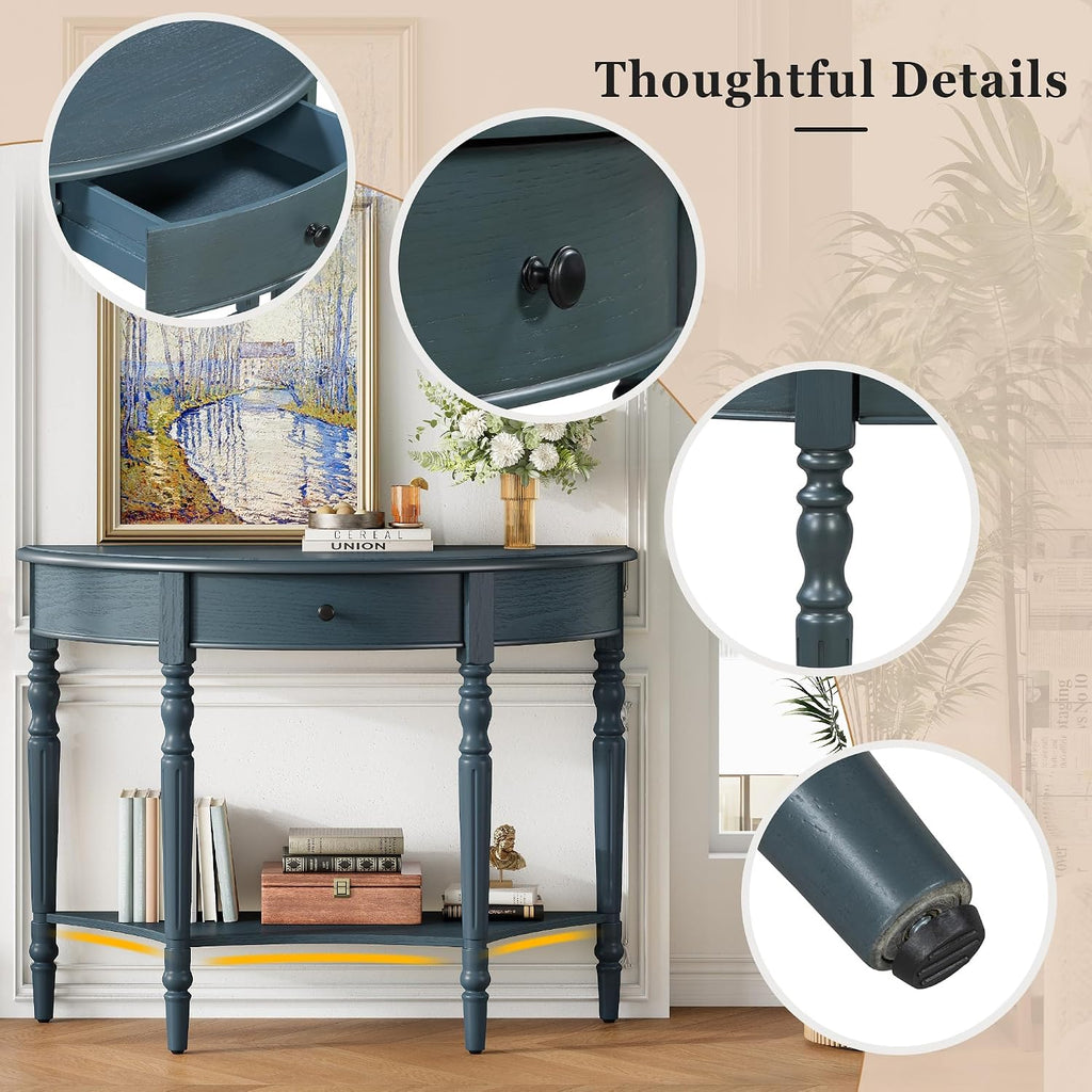 LKTART Farmhouse Half Moon Console Table with Solid Pinewood Frame & Legs,Modern Entryway Sofa Table for Behind Couch,Living Room,Hallway,Foyer (Navy,39')