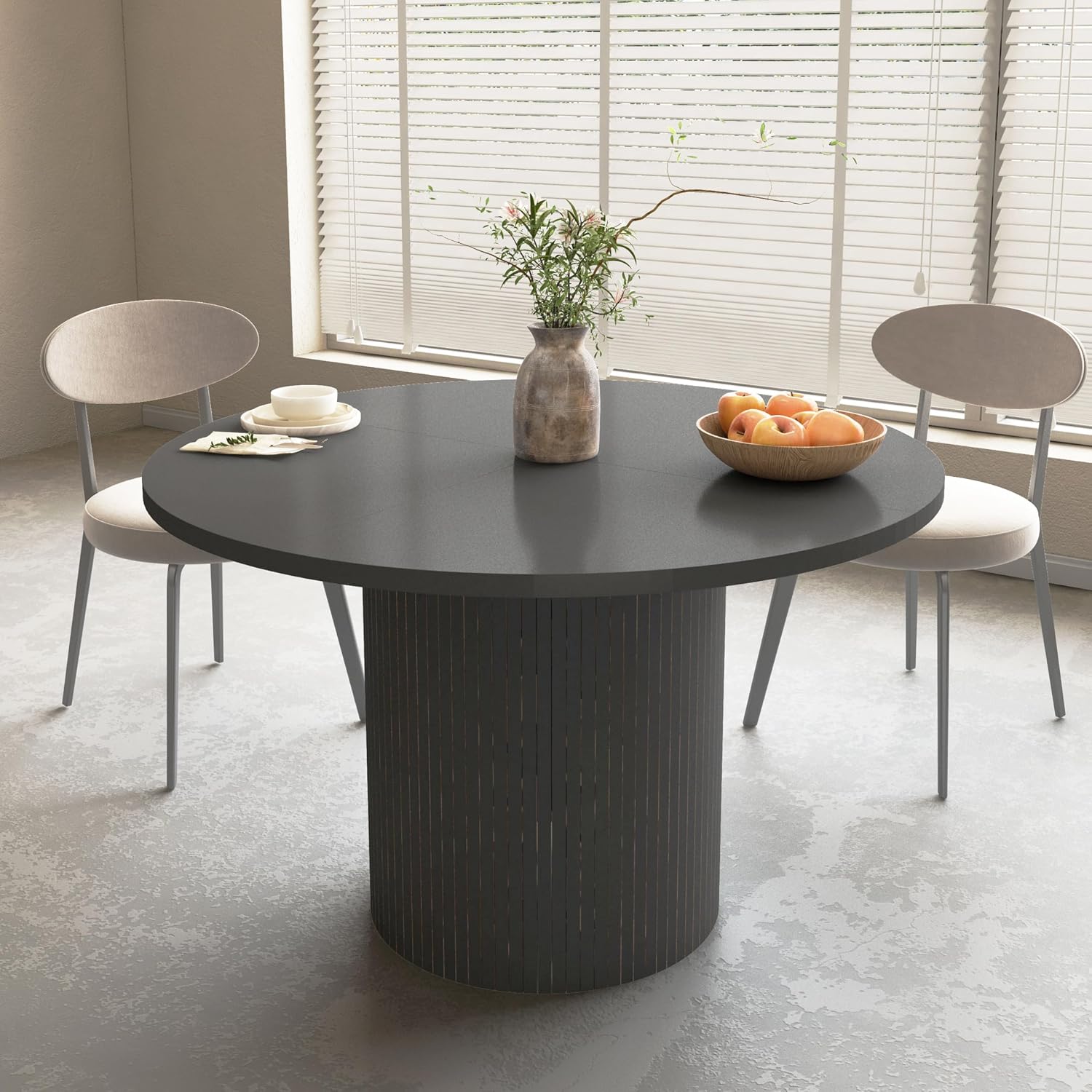 weselon Round Dining Table for 4, Modern Farmhouse Kitchen Table, 47 Inch Small Circle Dining Tables with Wood Strip Base for Kitchen Living Room (Black)