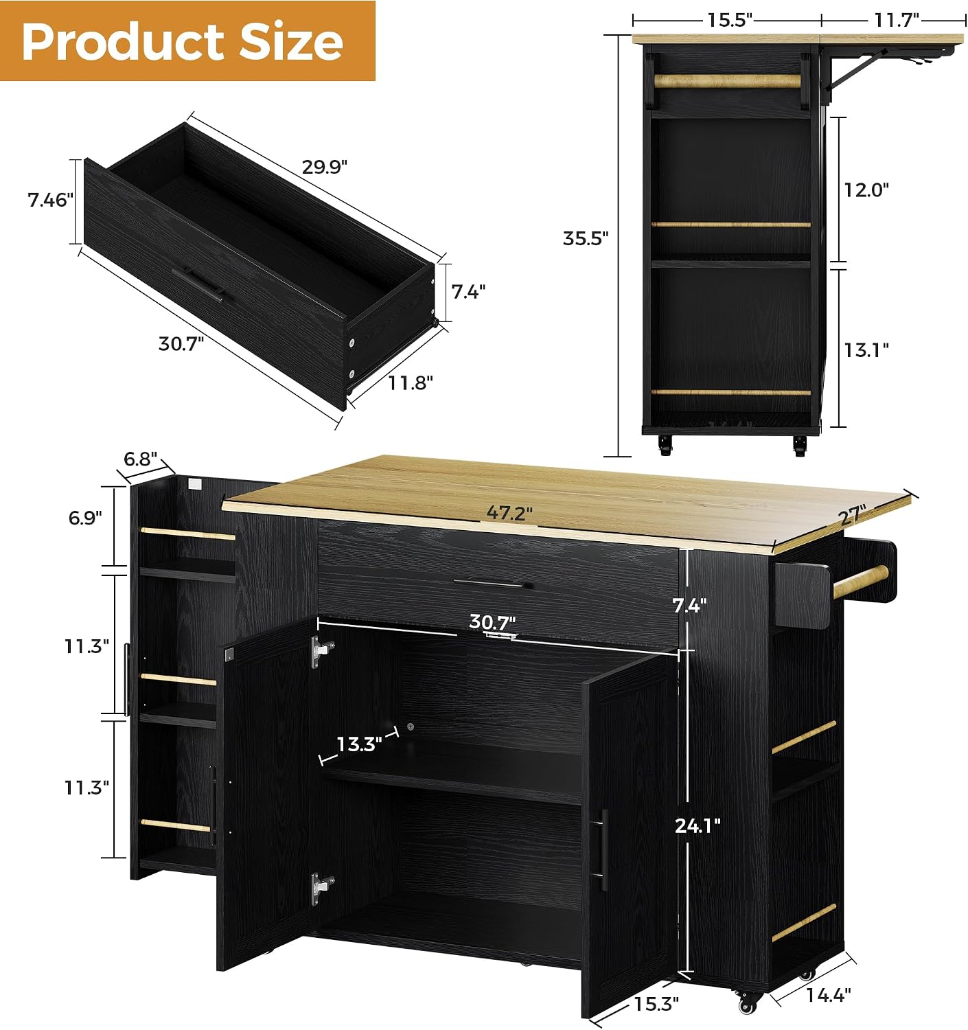 IRONCK Kitchen Island with Storage, 47.2in Rolling Island on Wheels, Kitchen Cart with Drop Leaf, Drawer and Towel Rack for Home, Dining Room
