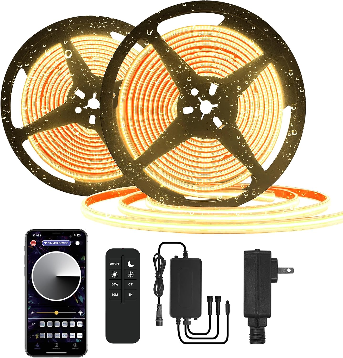 100ft COB Outdoor LED Strip IP67 Waterproof, 3000K Warm Whit DC24V Flexible LED Rope Strips with Remote & App Control Dimmable, DIY Lighting for Indoor, Outdoor, Garden, Patio（2 Rolls）