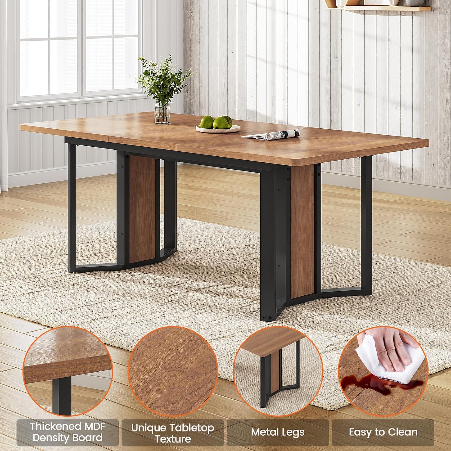 Itaar 5-Piece Dining Table Set for 4-6 People, 63' Extendable Kitchen Table and 4 Cushion Chairs, Dining Room Table with MDF Board & Metal Frame for Small Space, Easy Clean, Brown
