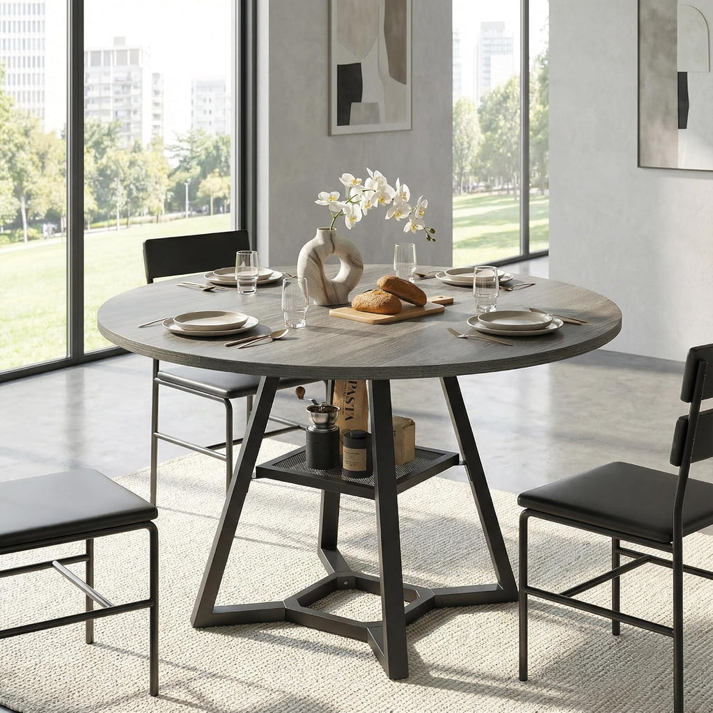 knoworld Round Dining Table for 4-6 with Storage Shelf, Kitchen & Dining Room Circle Pedestal Table,Heavy Duty Metal Frame & Wood Top