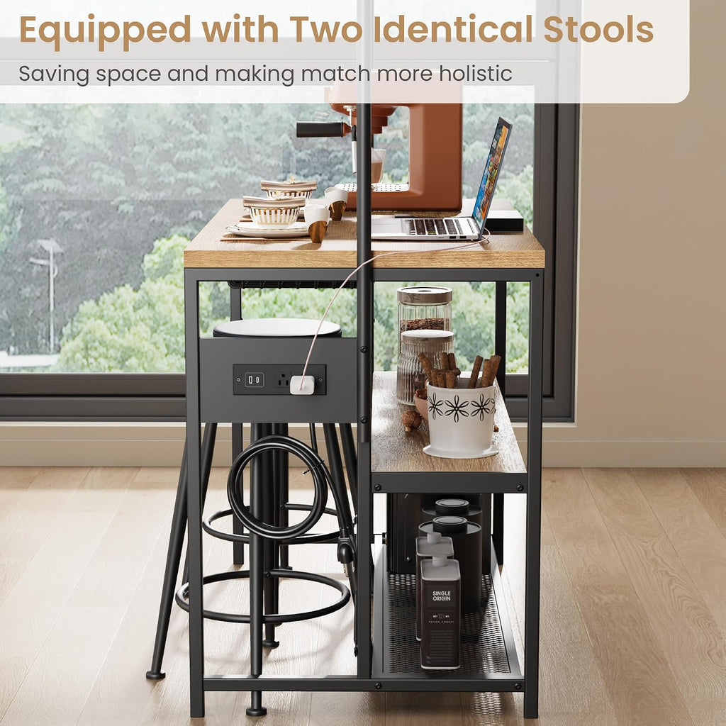 Garvee Kitchen Island with Power Outlet & 2 Bar Stools, Industrial Bakers Rack with 3-Tier Shelves & 5 Hooks, Microwave Stand Coffee Bar Table for Dining Room, Living Room, Apartment