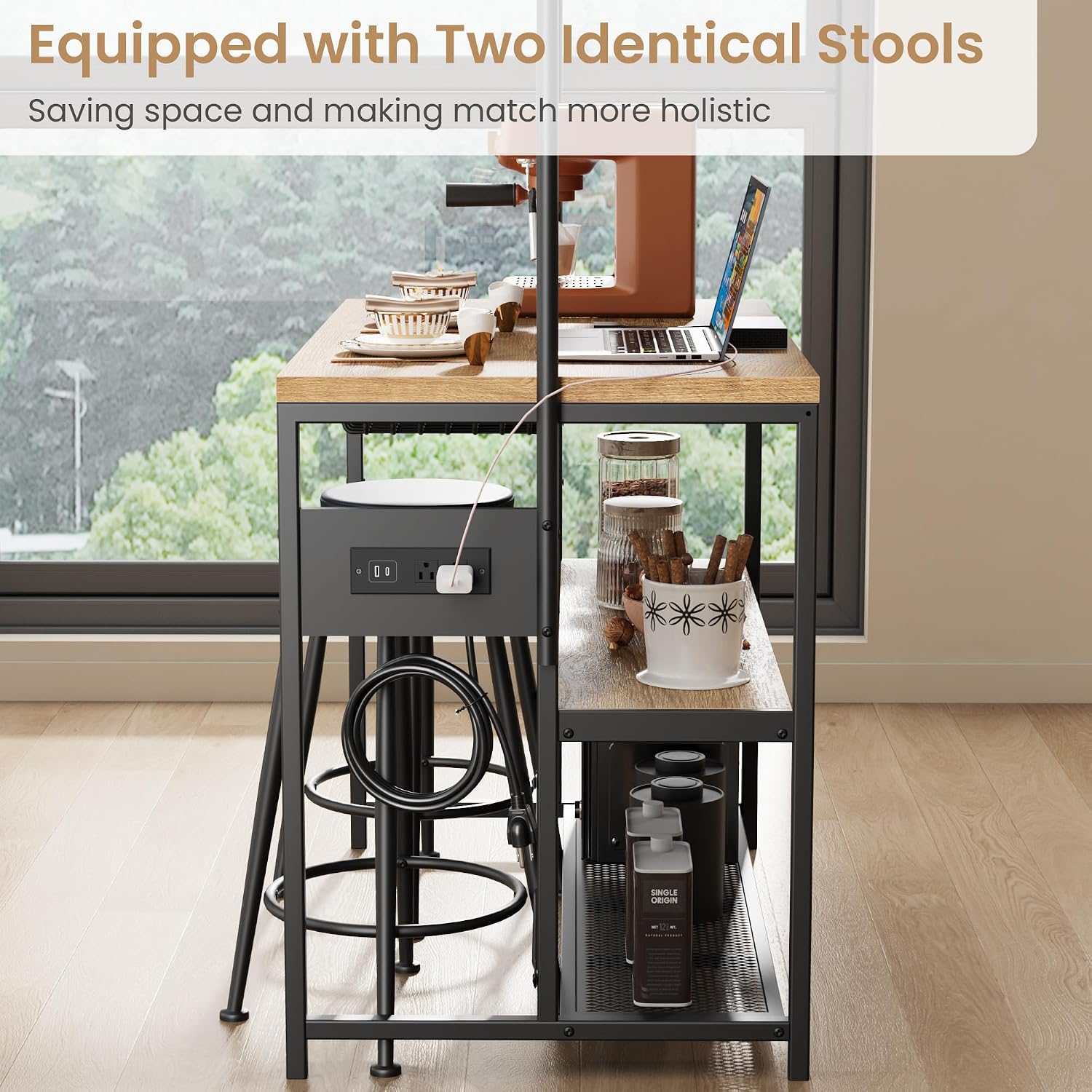 Garvee Kitchen Island with Power Outlet & 2 Bar Stools, Industrial Bakers Rack with 3-Tier Shelves & 5 Hooks, Microwave Stand Coffee Bar Table for Dining Room, Living Room, Apartment