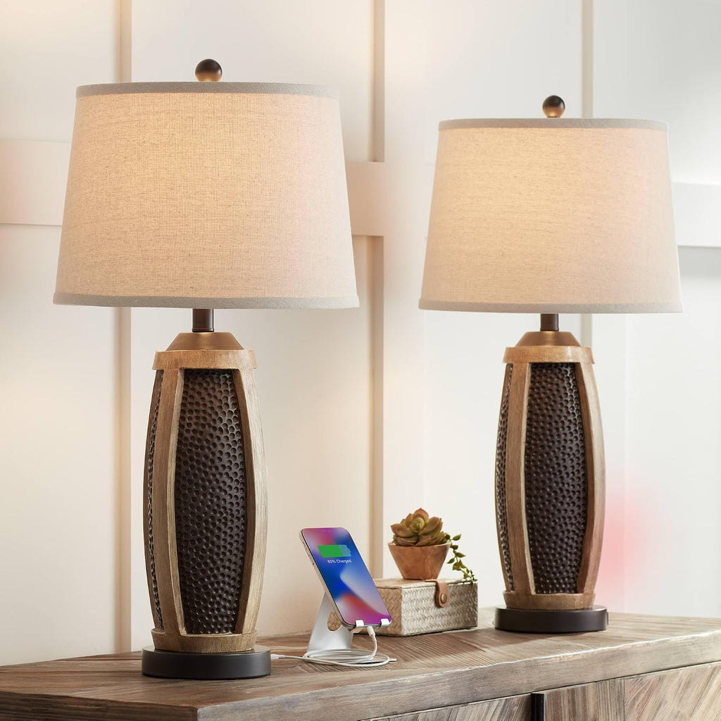 John Timberland Parker Rustic Farmhouse Table Lamps 28.5' Tall Set of 2 with USB Port Hammered Oil Rubbed Bronze Wood Accents Oatmeal Tapered Drum Shade for Cottage Core Living Room Bedroom Bedside