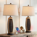 John Timberland Parker Rustic Farmhouse Table Lamps 28.5' Tall Set of 2 with USB Port Hammered Oil Rubbed Bronze Wood Accents Oatmeal Tapered Drum Shade for Cottage Core Living Room Bedroom Bedside