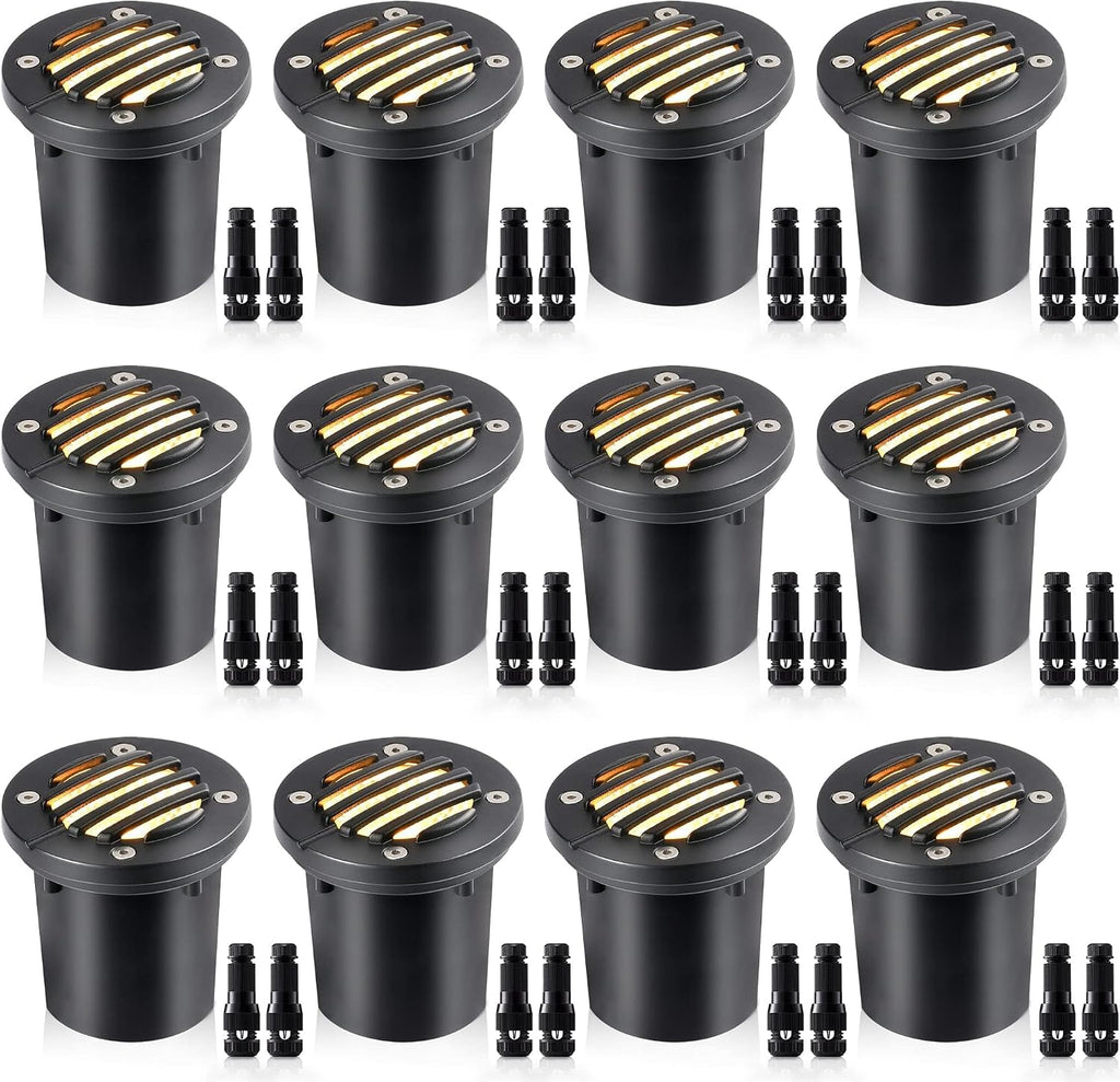 SUNVIE 12W Low Voltage Landscape Lighting with Connectors 1200LM Ultra Bright Well Lights Landscape LED In Ground Waterproof Outdoor Warm White Paver Lights for Garden Yard Driveway 12 Pack