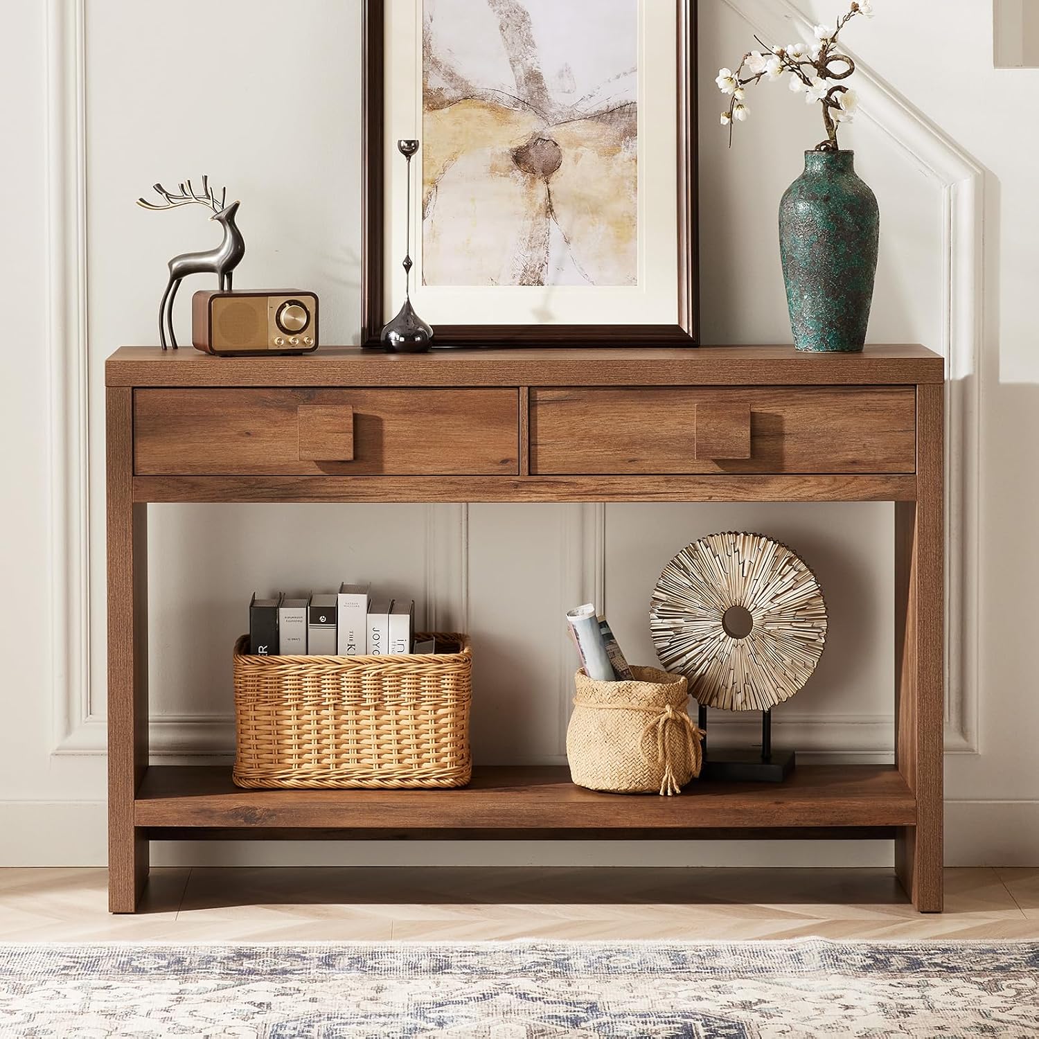 ONBRILL Console Table with Drawers, 47 Inch Narrow Entryway Table with Open Storage Shelves, Mid Century Modern Hallway Accent Tables Behind Couch Table for Living Room (Vintage Brown)