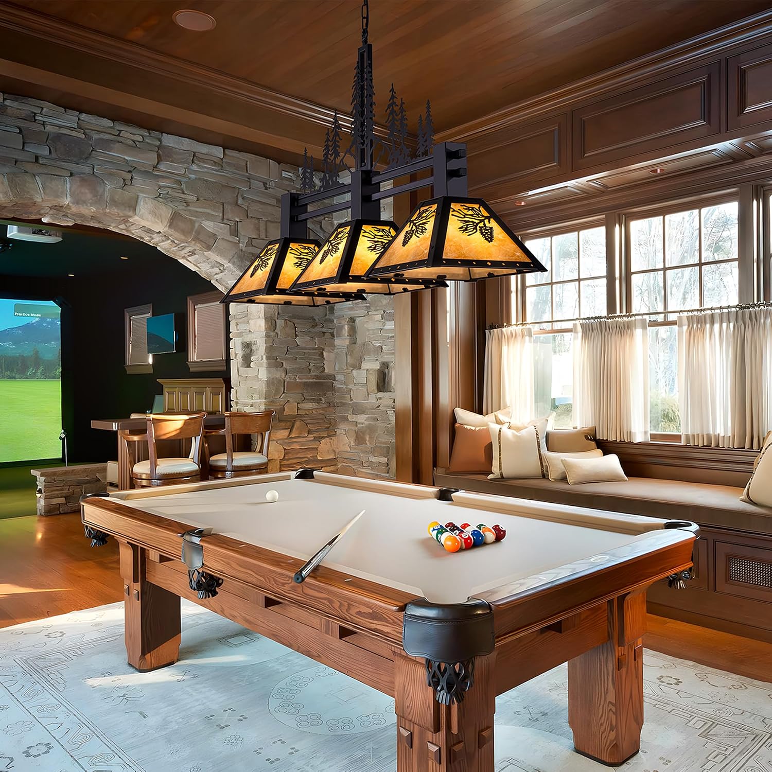 TOCHIC 3-Light Pool Table Light for 7' 8' 9' Table, 48' Rustic Tiffany Billiard Pool Table Lights, Farmhouse Chandelier for Dining Room Hanging Ceiling Light Fixture for Game Room Basement Bar