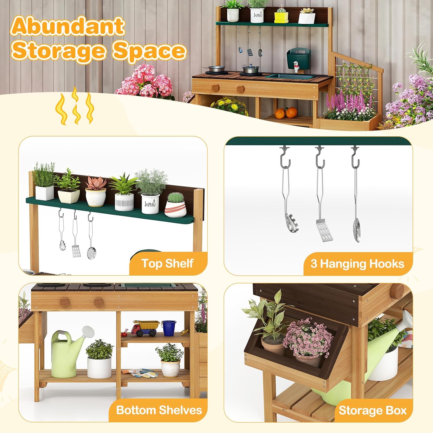 HONEY JOY Mud Kitchen, Cedar Wood Pretend Play Kitchen for Toddlers, Plant Growing Box & Trellis, Real Faucet w/Running Water, Sink, Accessories, Outdoor Kids Kitchen Playset for Garden Fun(Natural)