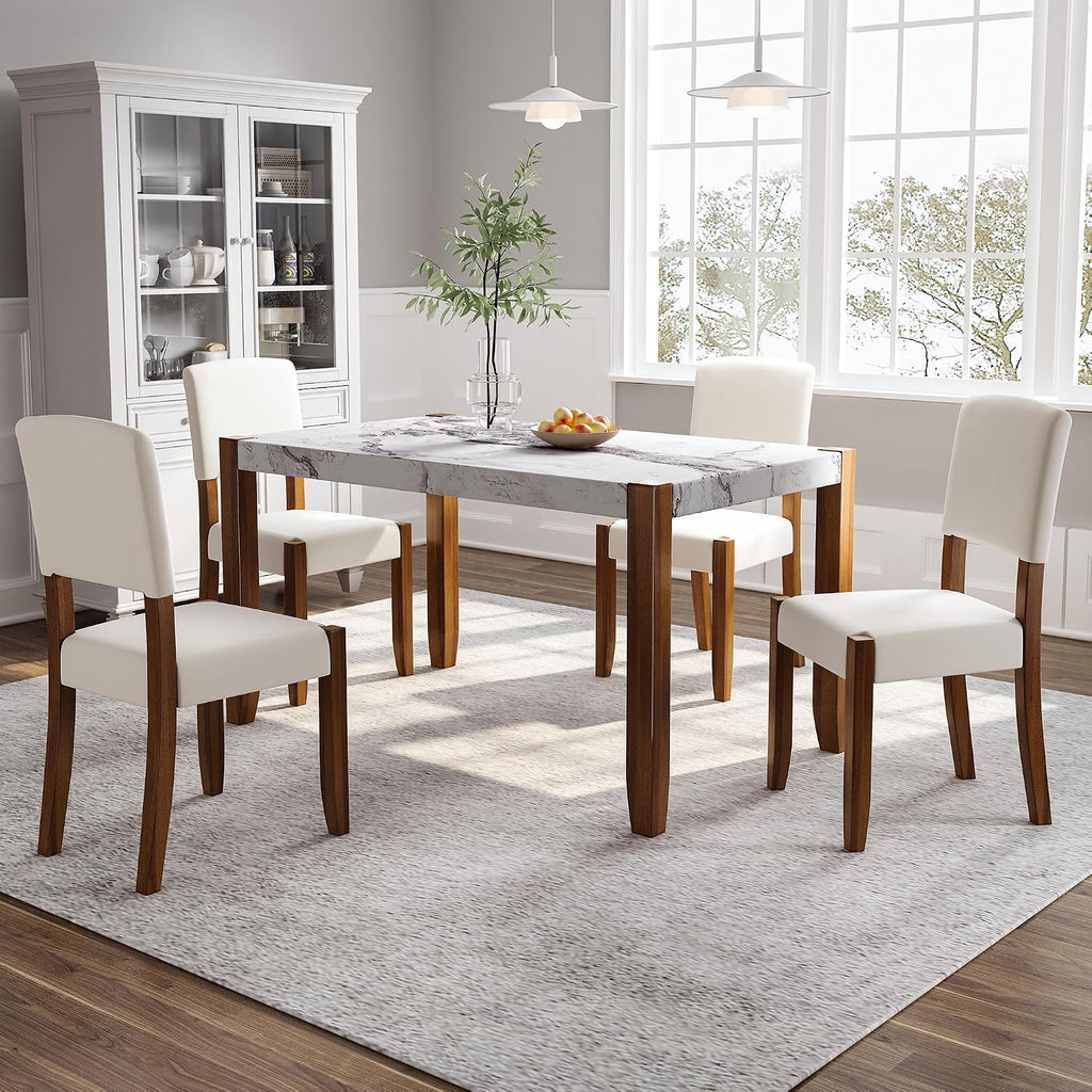 Merax Modern 5 Piece Dining Table Set for 4,Faux Marble Style Kitchen Table Set with One Rectangle Table and 4 Dining Chairs for Dining Room Table Set for Small Place