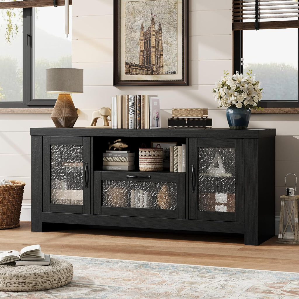 IDEALHOUSE TV Stand for 65 Inch TV, Farmhouse Entertainment Center with Acrylic Door Storage Cabinet & Adjustable Shelves, TV Console Table for Living Room Bedroom, Black